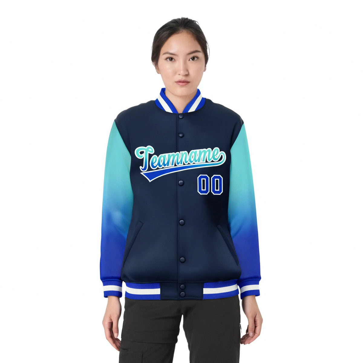 Custom Navy Aqua-Royal Blue Varsity Full-Snap Sleeve Gradient Fashion Letterman Baseball Jacket