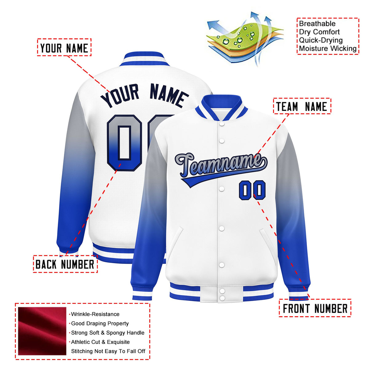 Custom White Gray-Royal Blue Varsity Full-Snap Sleeve Gradient Fashion Letterman Baseball Jacket