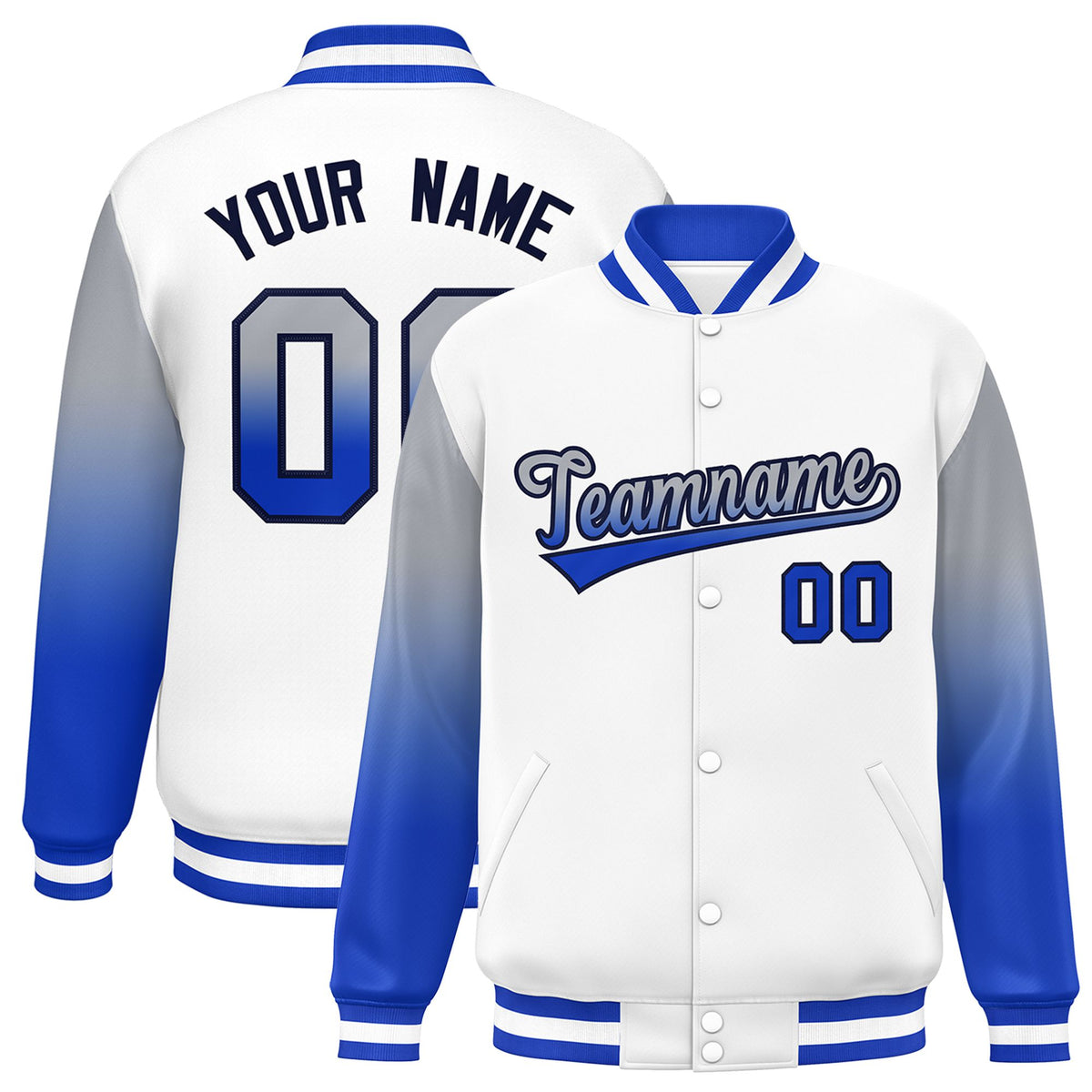 Custom White Gray-Royal Blue Varsity Full-Snap Sleeve Gradient Fashion Letterman Baseball Jacket