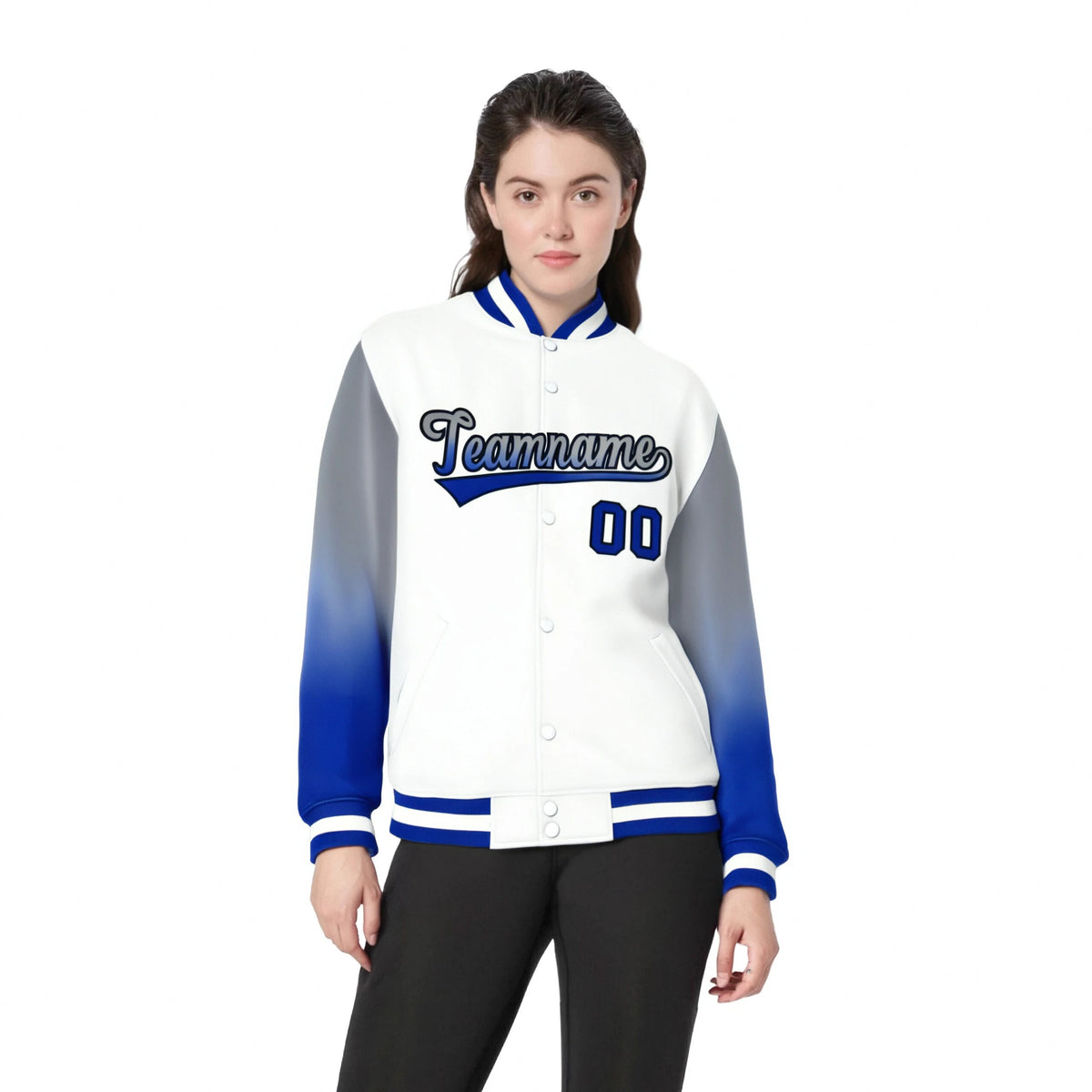 Custom White Gray-Royal Blue Varsity Full-Snap Sleeve Gradient Fashion Letterman Baseball Jacket
