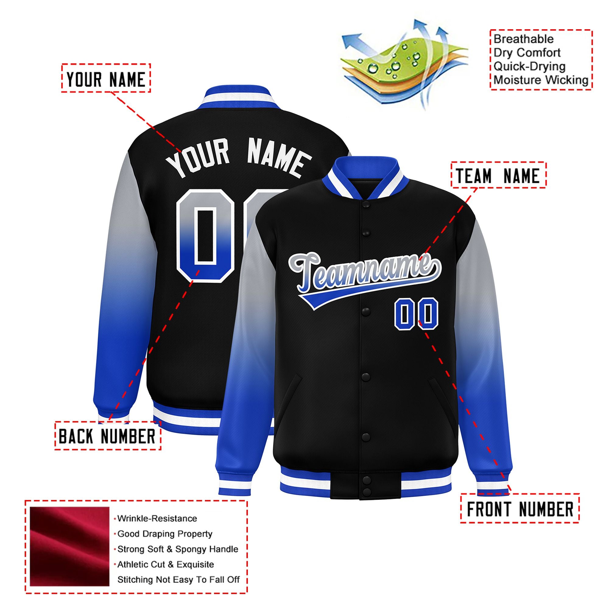 Custom Black Gray-Royal Blue Varsity Full-Snap Sleeve Gradient Fashion Letterman Baseball Jacket