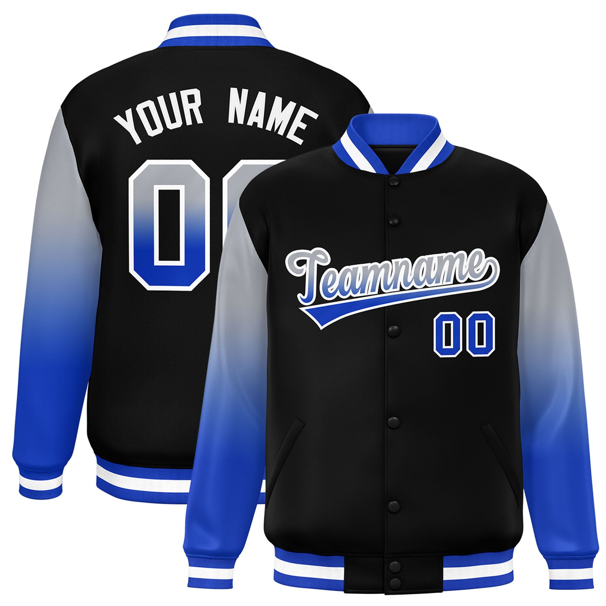 Custom Black Gray-Royal Blue Varsity Full-Snap Sleeve Gradient Fashion Letterman Baseball Jacket