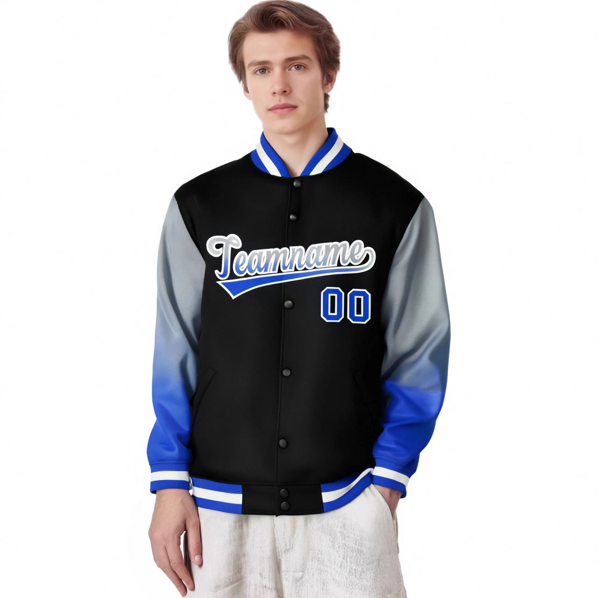 Custom Black Gray-Royal Blue Varsity Full-Snap Sleeve Gradient Fashion Letterman Baseball Jacket