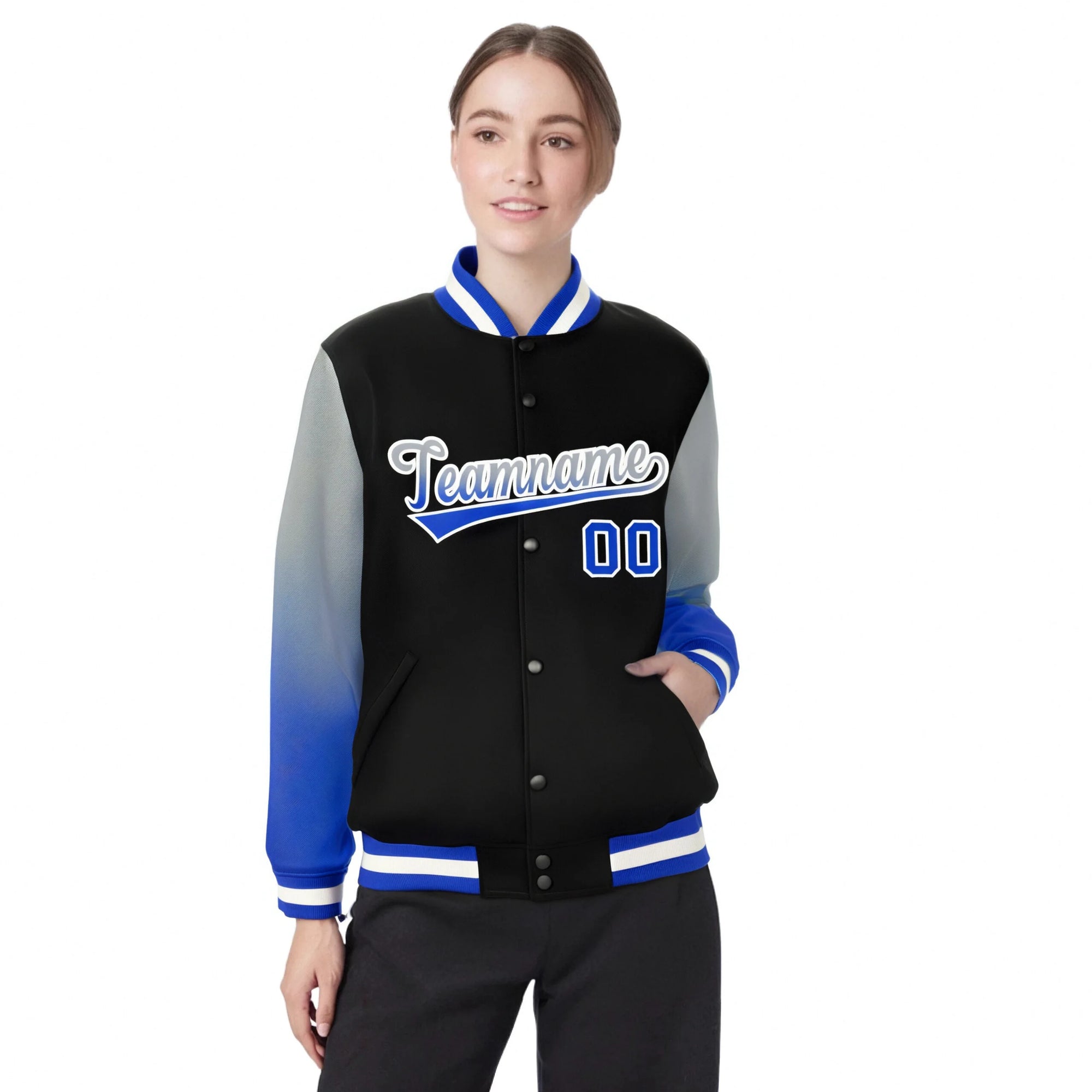 Custom Black Gray-Royal Blue Varsity Full-Snap Sleeve Gradient Fashion Letterman Baseball Jacket