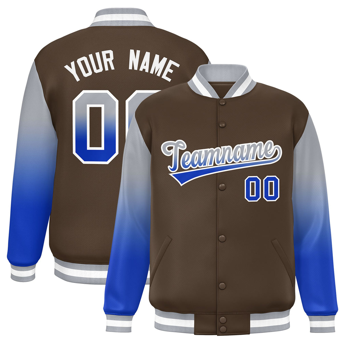 Custom Light Brown Gray-Royal Blue Varsity Full-Snap Sleeve Gradient Fashion Letterman Baseball Jacket