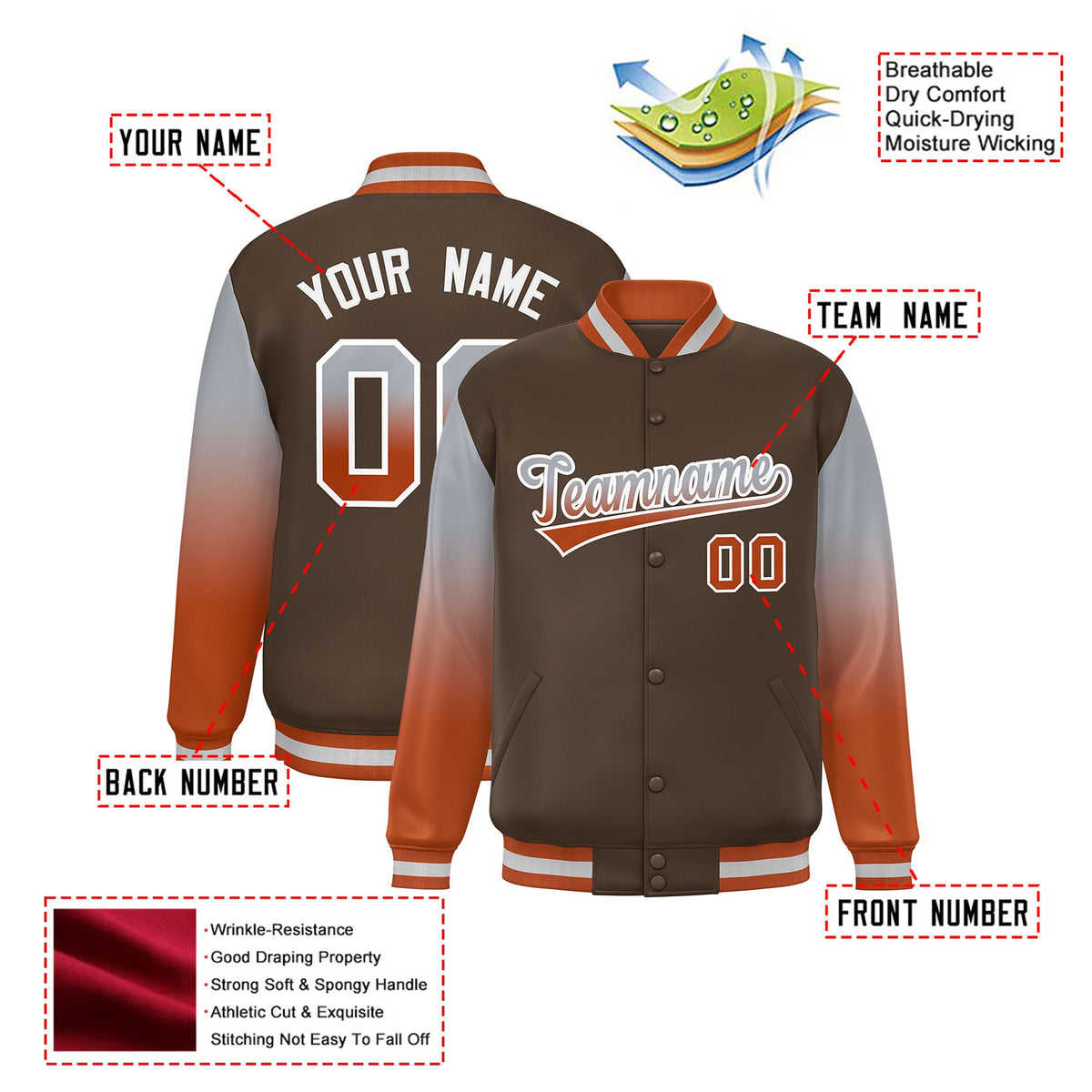 Custom Light Brown Gray-Munsell Varsity Full-Snap Sleeve Gradient Fashion Letterman Baseball Jacket