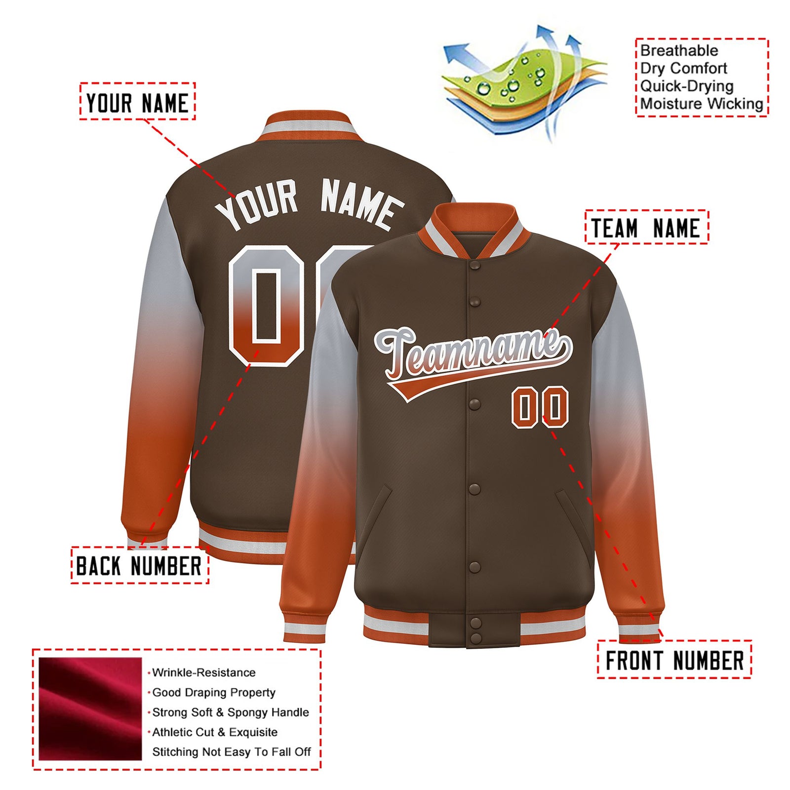 Custom Light Brown Gray-Munsell Varsity Full-Snap Sleeve Gradient Fashion Letterman Baseball Jacket