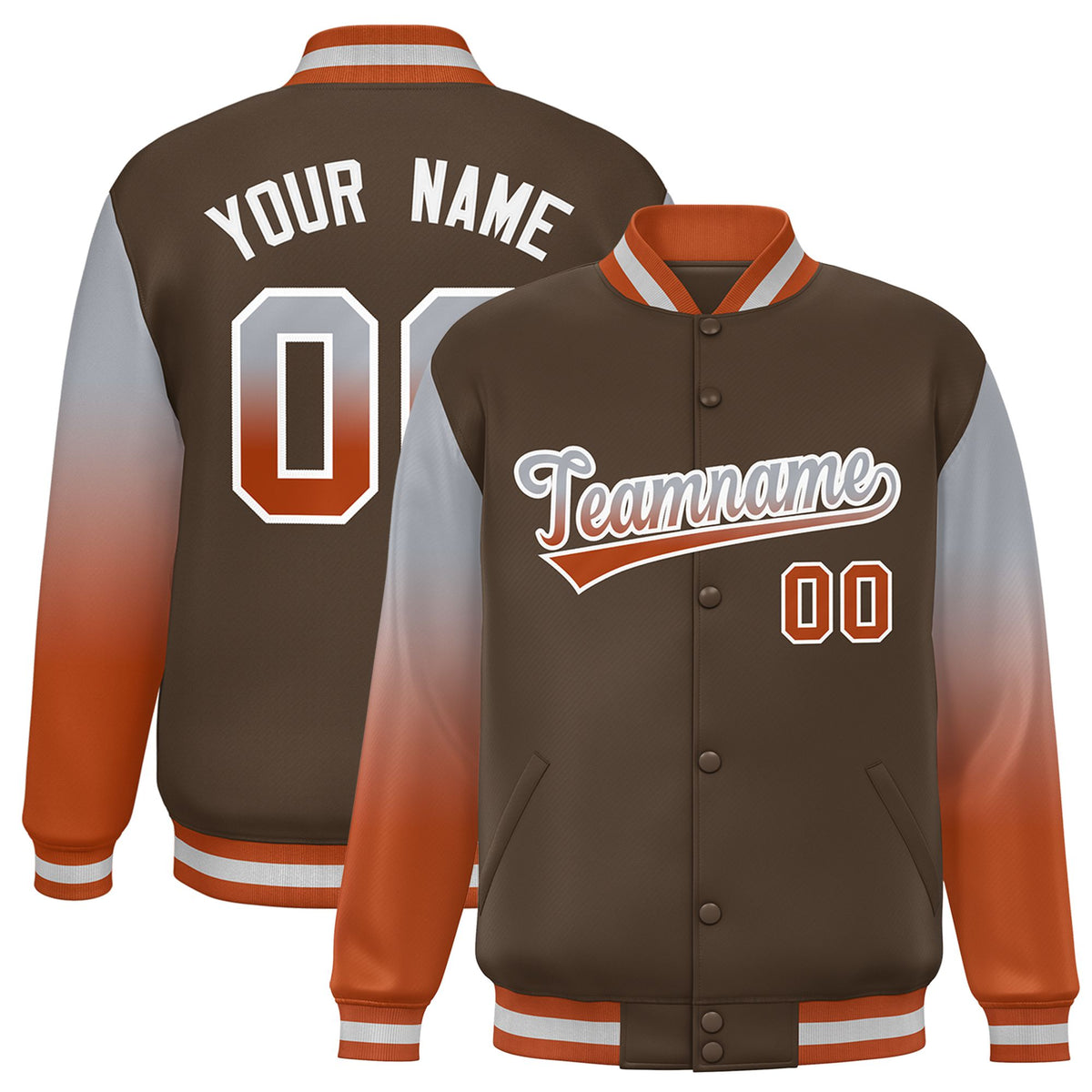 Custom Light Brown Gray-Munsell Varsity Full-Snap Sleeve Gradient Fashion Letterman Baseball Jacket