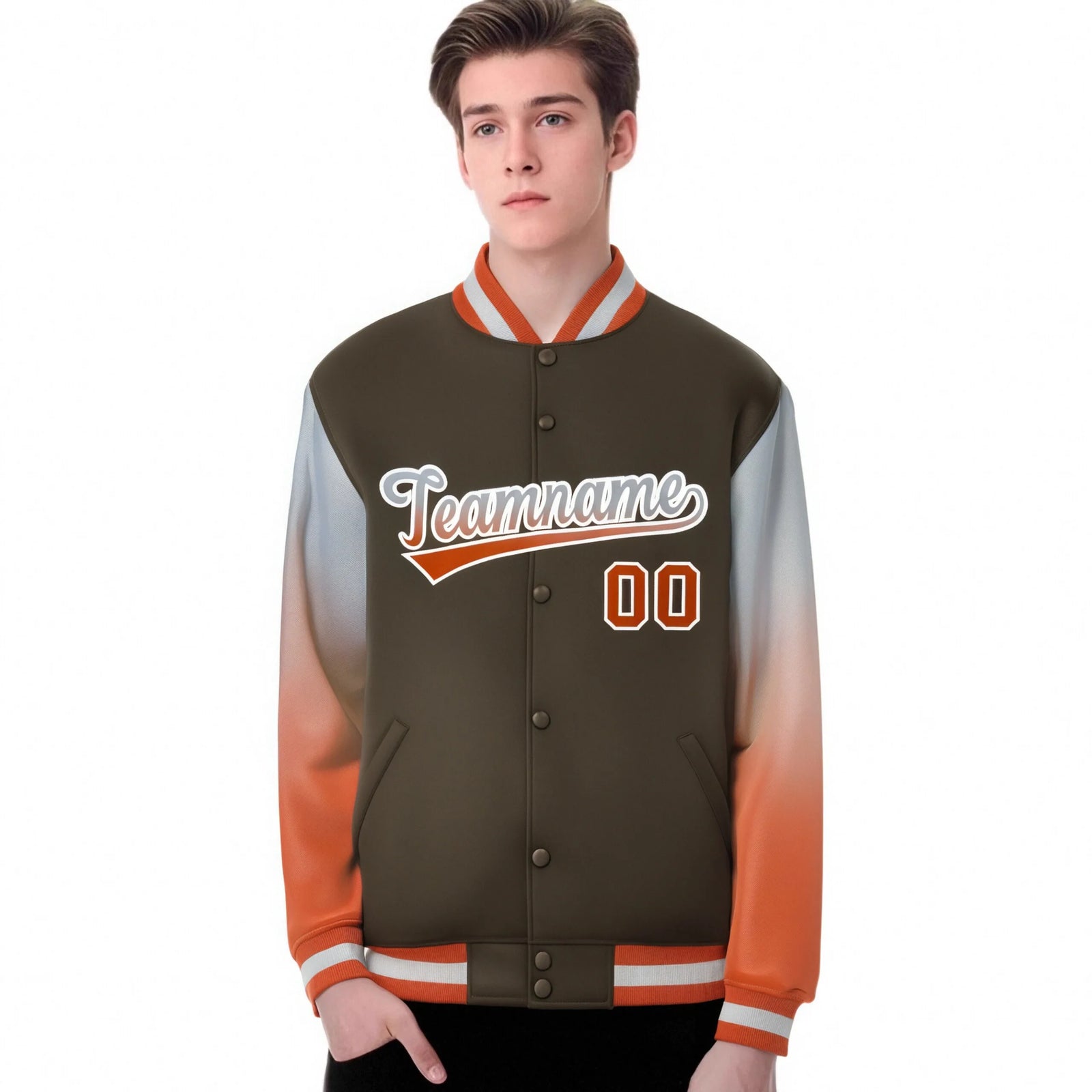 Custom Light Brown Gray-Munsell Varsity Full-Snap Sleeve Gradient Fashion Letterman Baseball Jacket