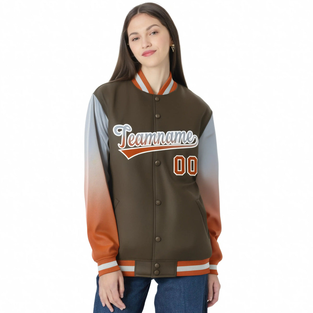 Custom Light Brown Gray-Munsell Varsity Full-Snap Sleeve Gradient Fashion Letterman Baseball Jacket