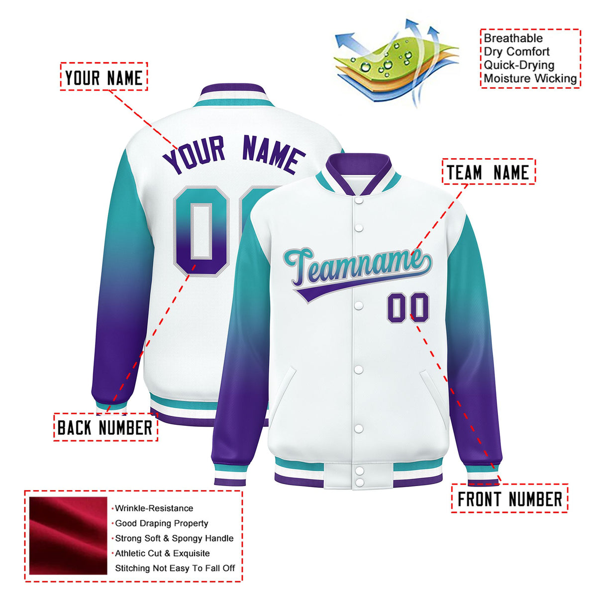 Custom White Aqua-Purple Varsity Full-Snap Sleeve Gradient Fashion Letterman Baseball Jacket