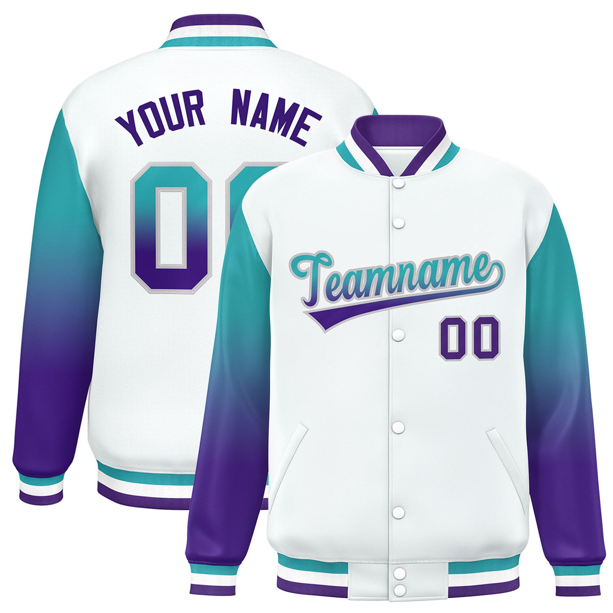 Custom White Aqua-Purple Varsity Full-Snap Sleeve Gradient Fashion Letterman Baseball Jacket