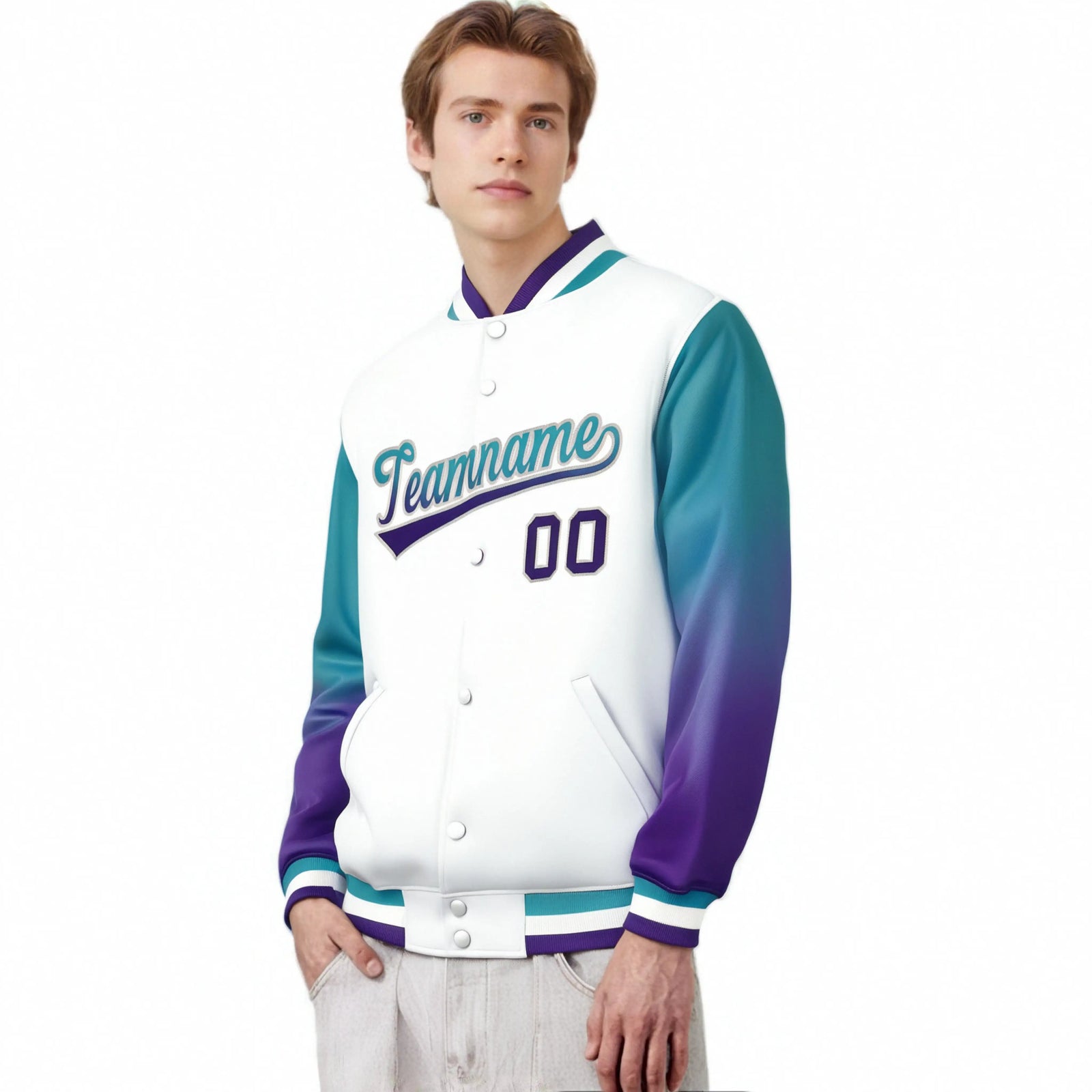 Custom White Aqua-Purple Varsity Full-Snap Sleeve Gradient Fashion Letterman Baseball Jacket