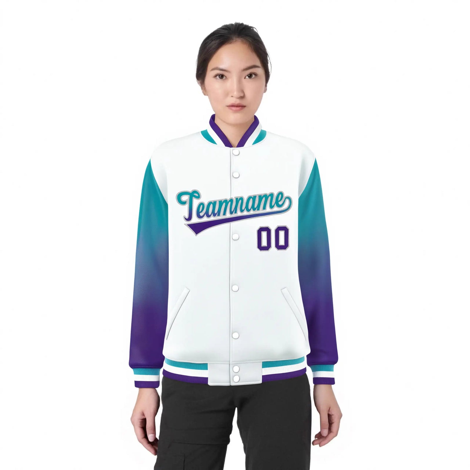 Custom White Aqua-Purple Varsity Full-Snap Sleeve Gradient Fashion Letterman Baseball Jacket
