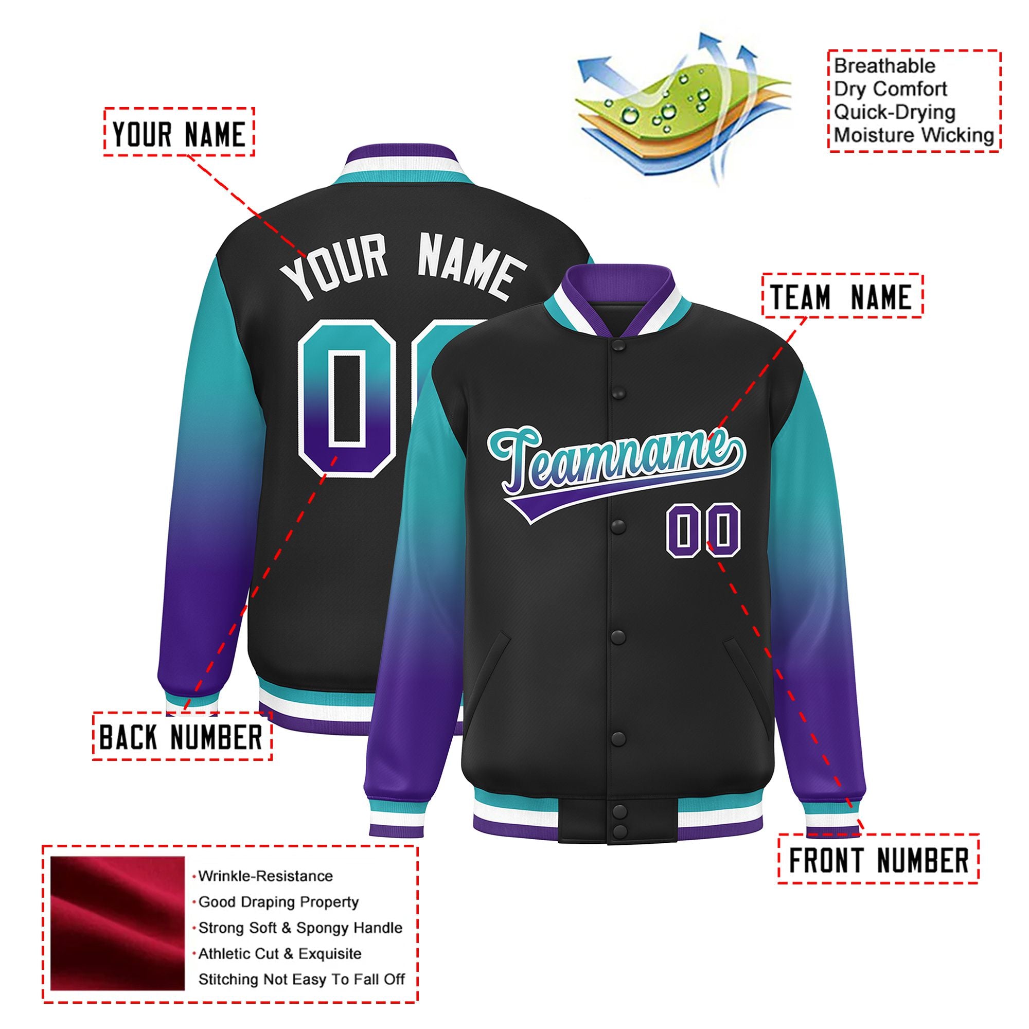 Custom Black Aqua-Purple Varsity Full-Snap Sleeve Gradient Fashion Letterman Baseball Jacket