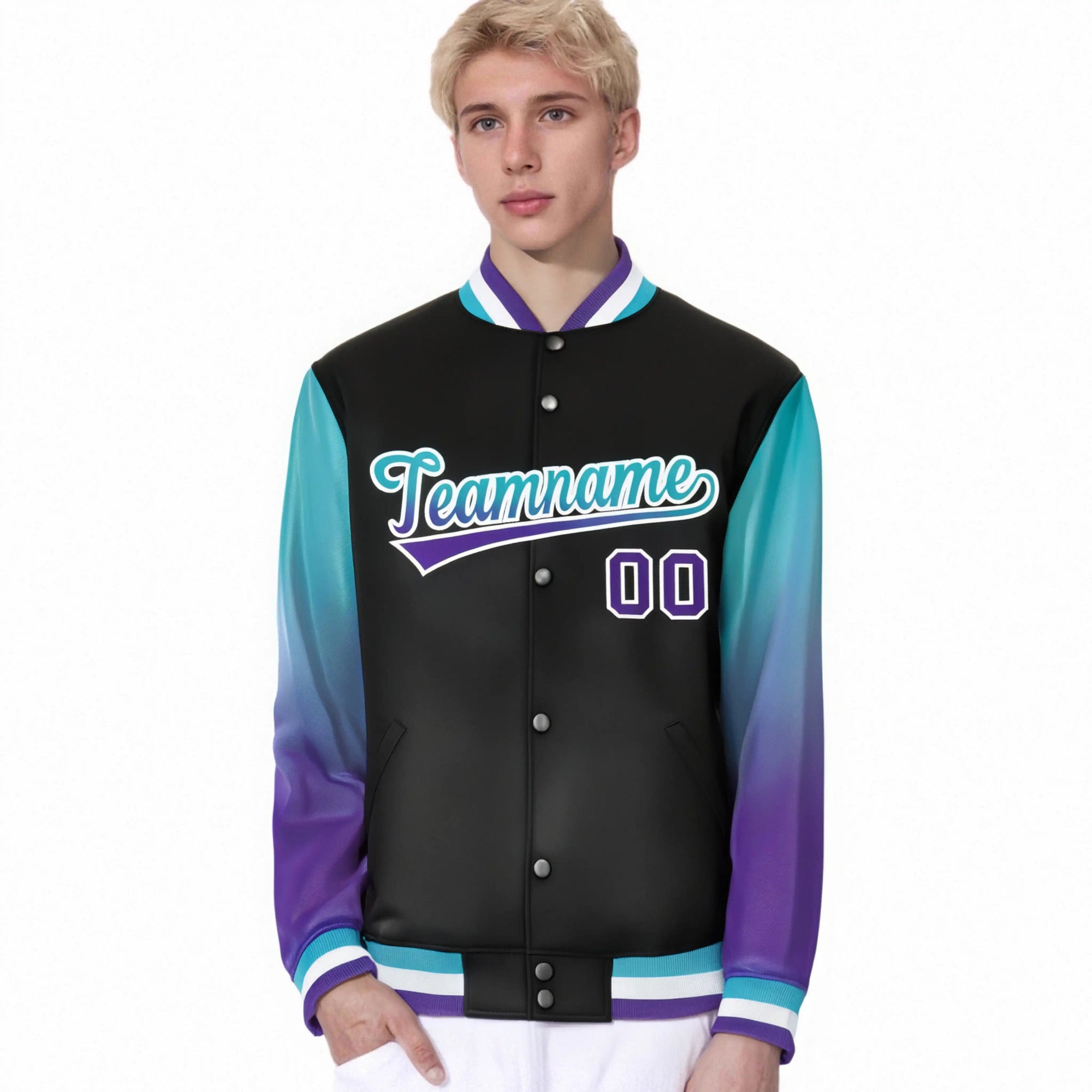 Custom Black Aqua-Purple Varsity Full-Snap Sleeve Gradient Fashion Letterman Baseball Jacket