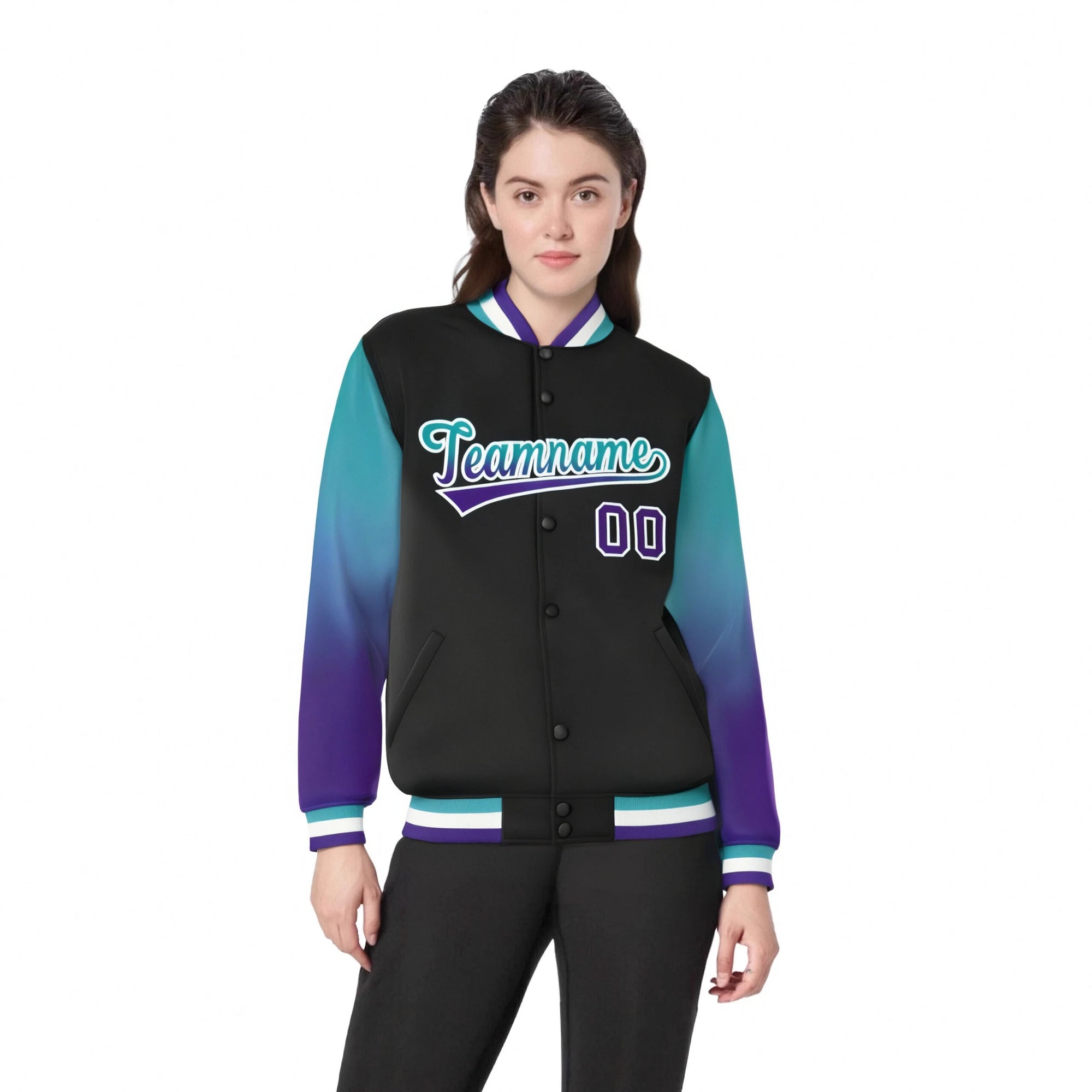 Custom Black Aqua-Purple Varsity Full-Snap Sleeve Gradient Fashion Letterman Baseball Jacket