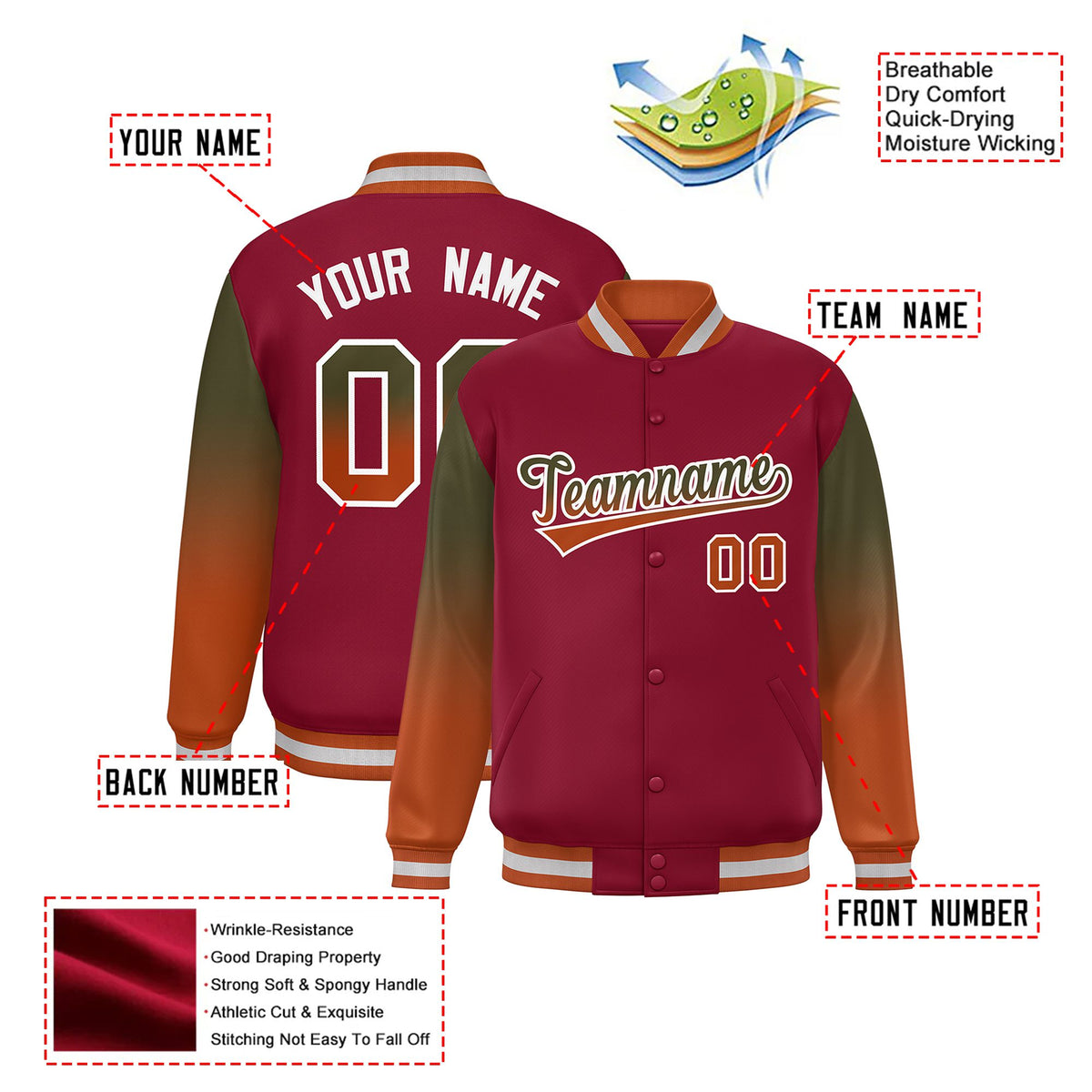 Custom Crimson Olive-Munsell Varsity Full-Snap Sleeve Gradient Fashion Letterman Baseball Jacket