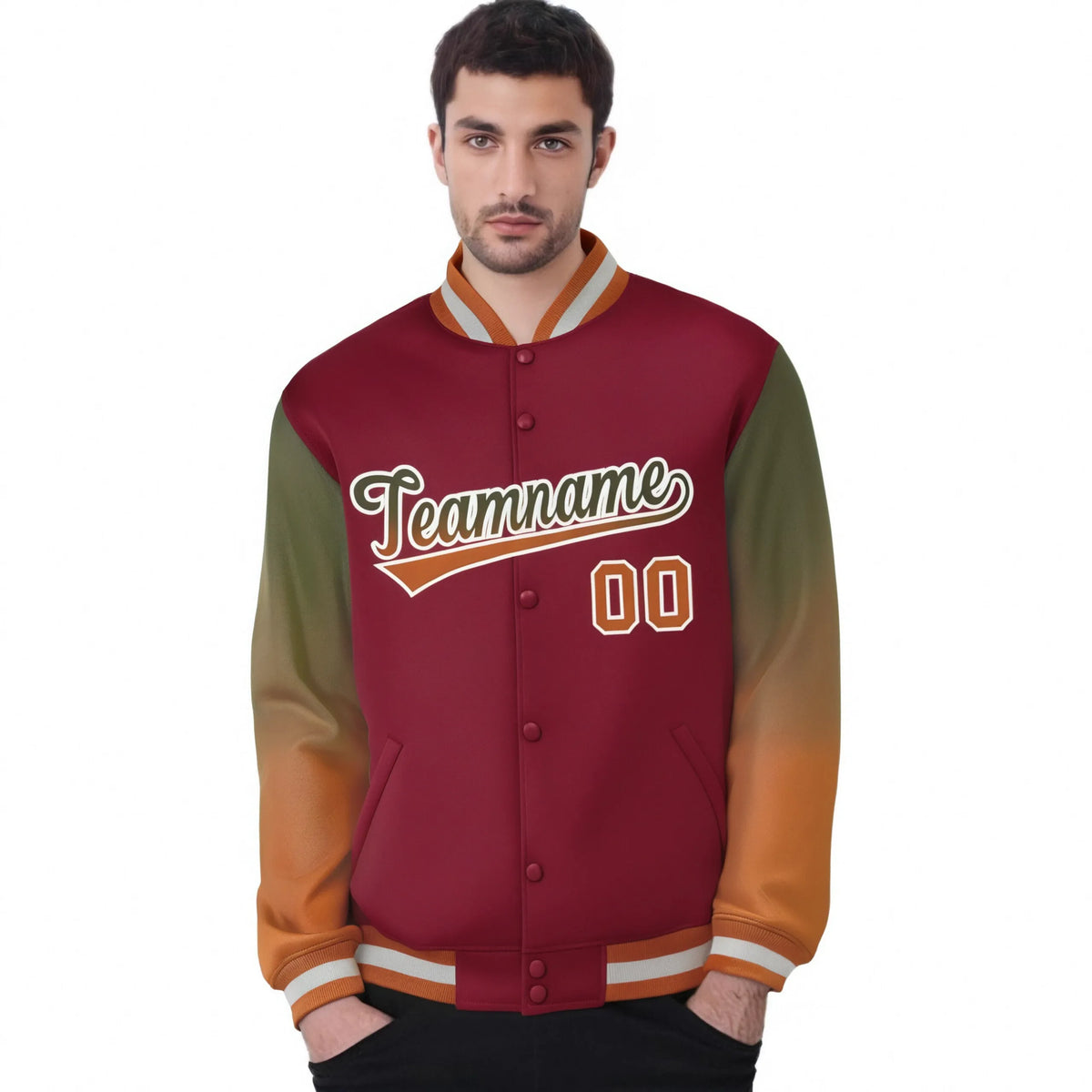 Custom Crimson Olive-Munsell Varsity Full-Snap Sleeve Gradient Fashion Letterman Baseball Jacket
