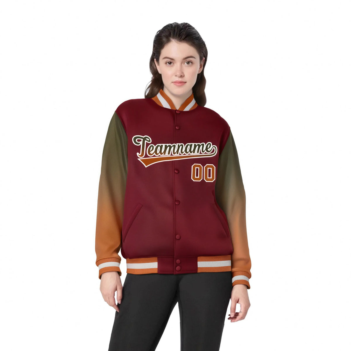 Custom Crimson Olive-Munsell Varsity Full-Snap Sleeve Gradient Fashion Letterman Baseball Jacket