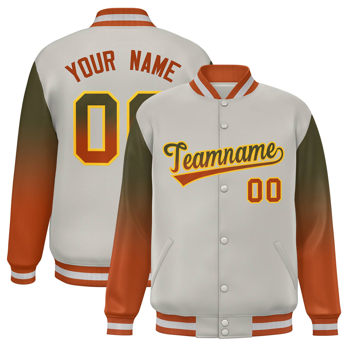 Custom Gray Olive-Munsell Varsity Full-Snap Sleeve Gradient Fashion Letterman Baseball Jacket