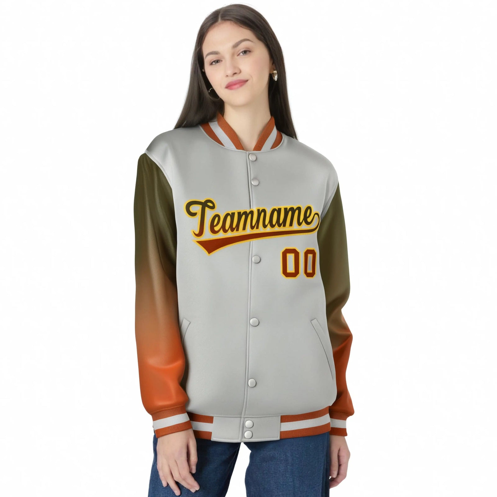 Custom Gray Olive-Munsell Varsity Full-Snap Sleeve Gradient Fashion Letterman Baseball Jacket