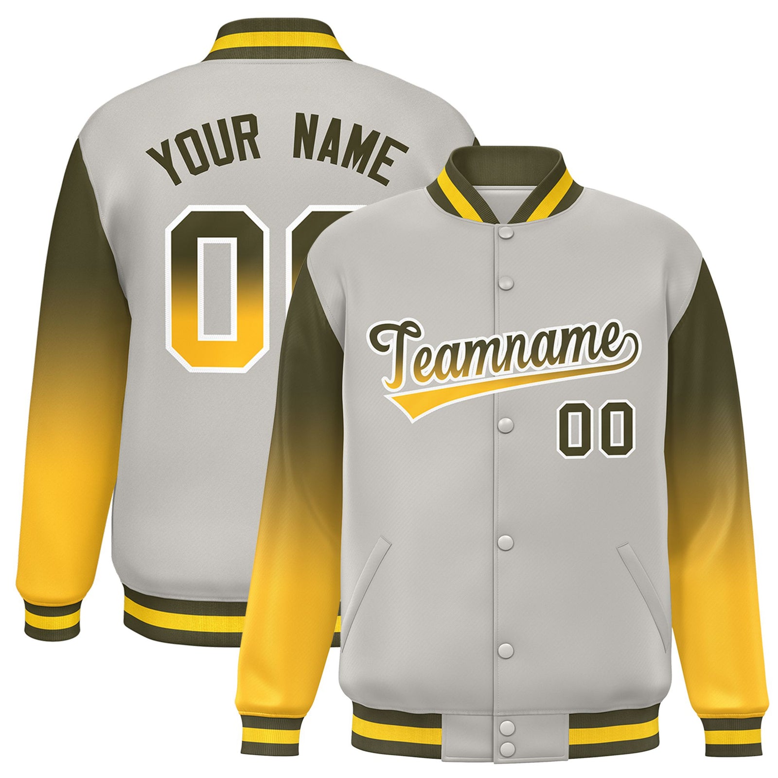 Custom Gray Olive-Gold Varsity Full-Snap Sleeve Gradient Fashion Letterman Baseball Jacket