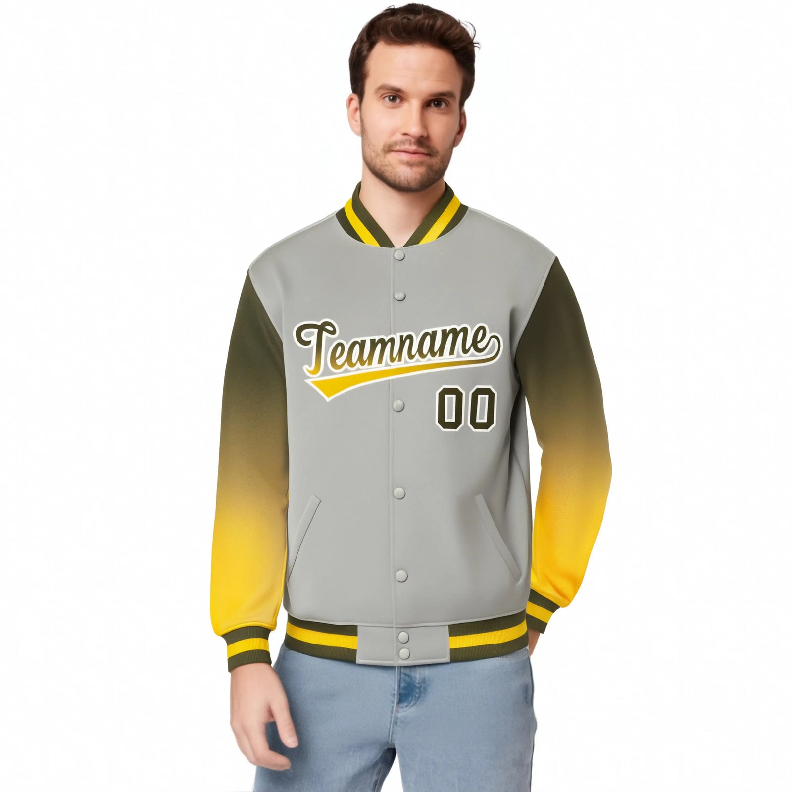 Custom Gray Olive-Gold Varsity Full-Snap Sleeve Gradient Fashion Letterman Baseball Jacket