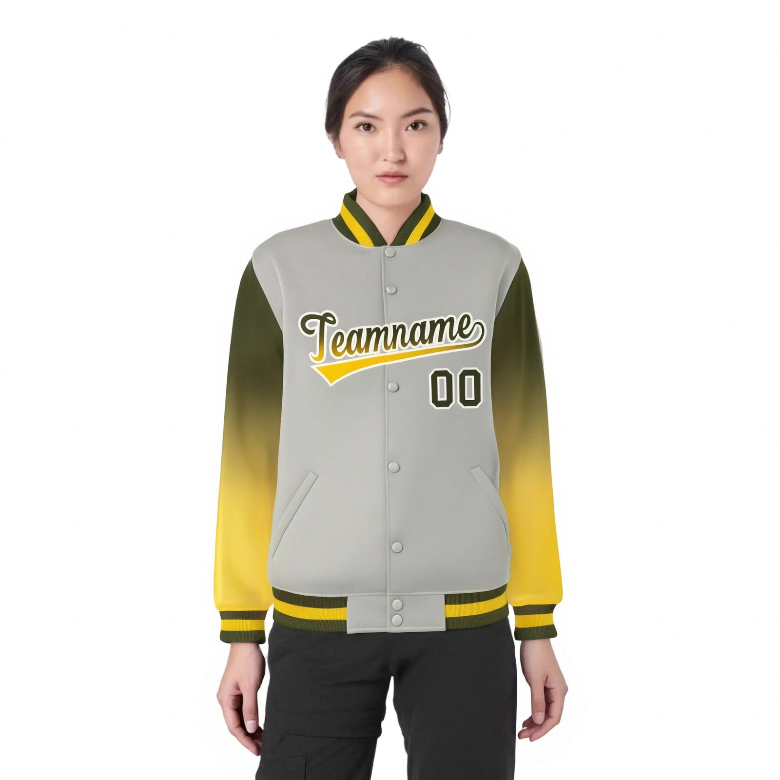 Custom Gray Olive-Gold Varsity Full-Snap Sleeve Gradient Fashion Letterman Baseball Jacket