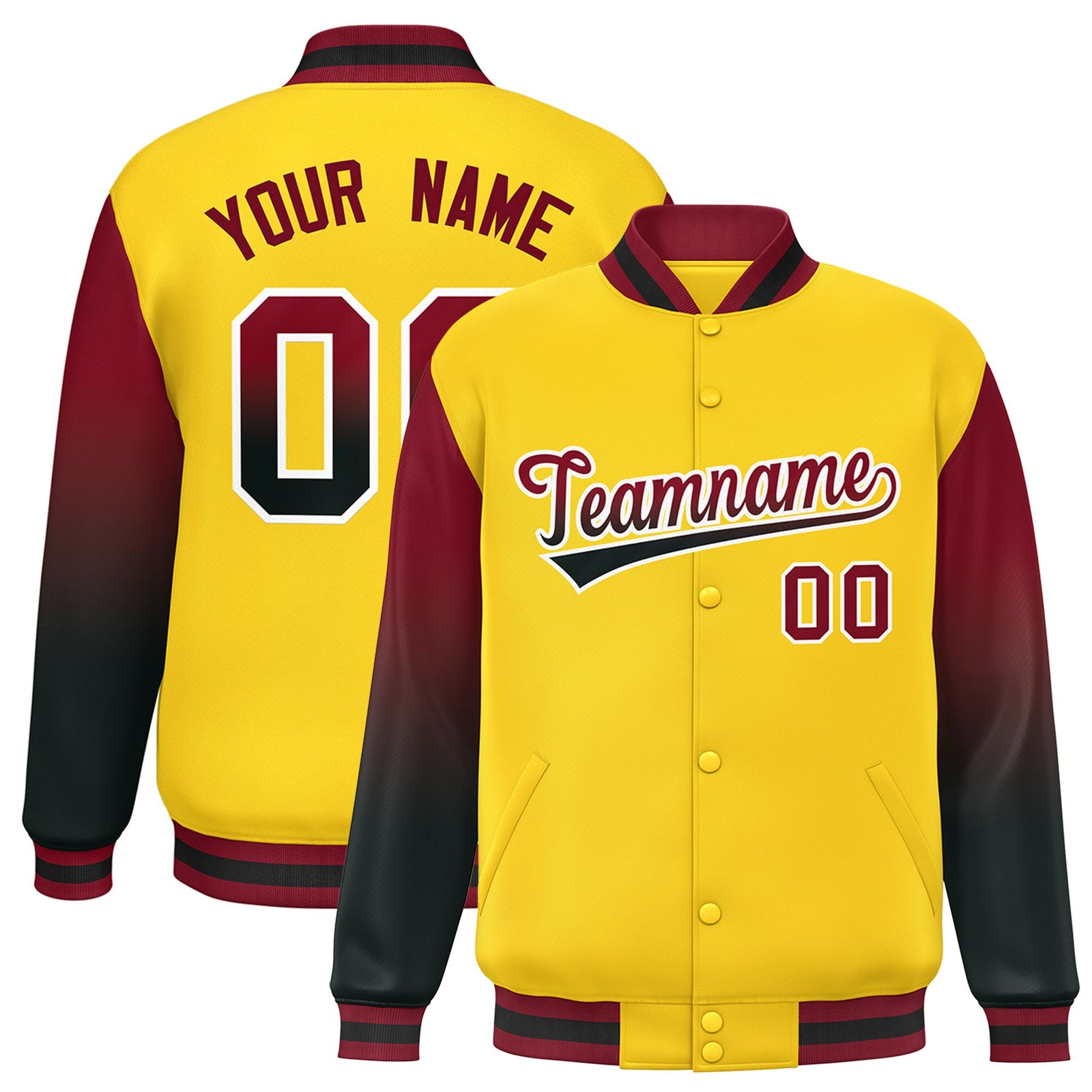 Custom Gold Crimson-Dark Gray Varsity Full-Snap Sleeve Gradient Fashion Letterman Baseball Jacket