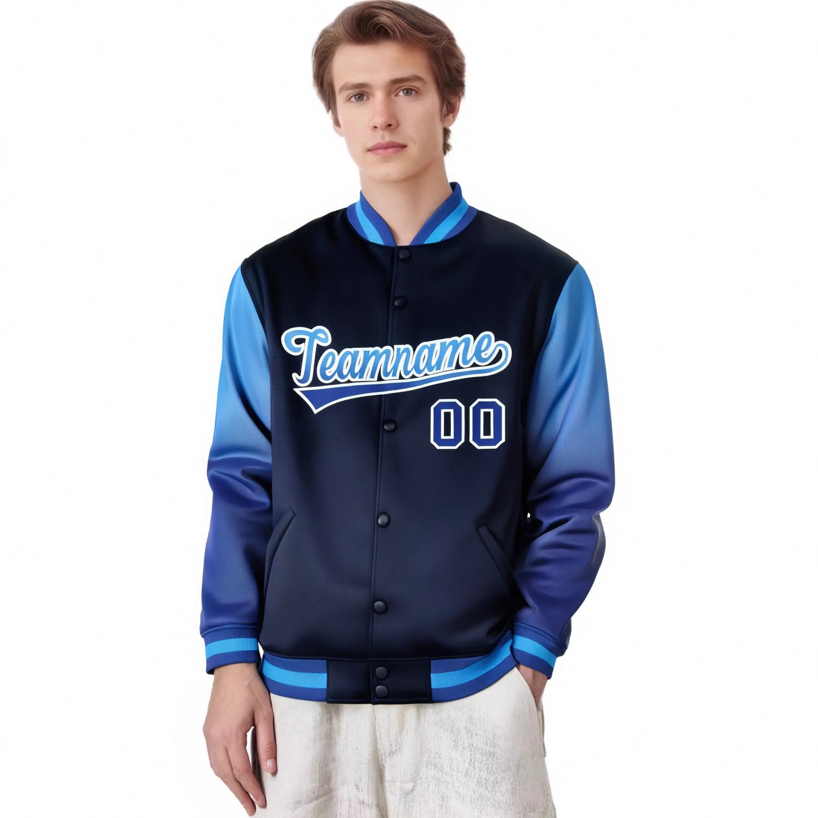 Custom Navy Light Blue-Royal Blue Varsity Full-Snap Sleeve Gradient Fashion Letterman Baseball Jacket