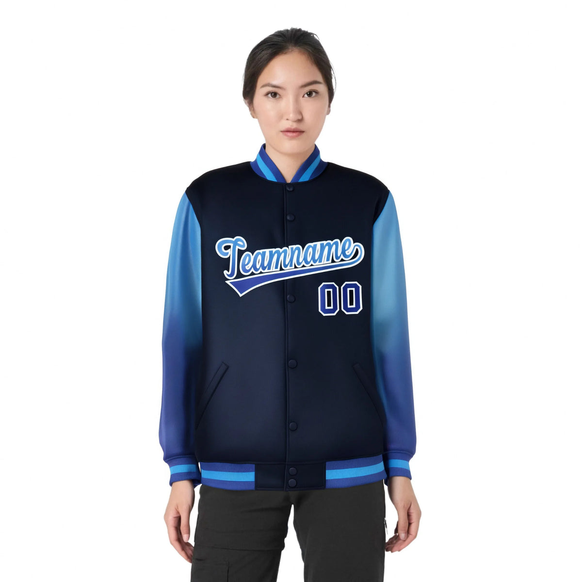 Custom Navy Light Blue-Royal Blue Varsity Full-Snap Sleeve Gradient Fashion Letterman Baseball Jacket