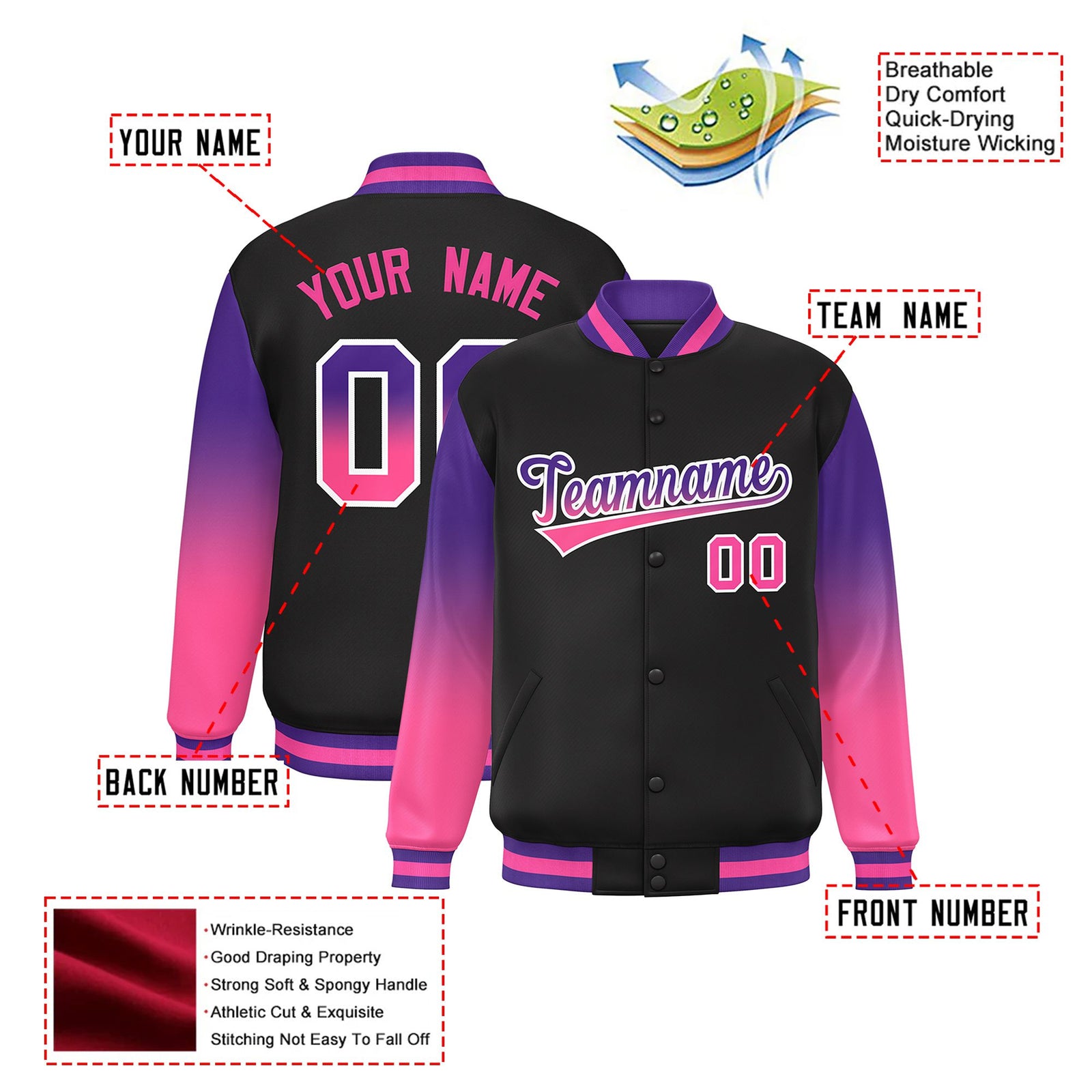 Custom Black Purple-Pink Varsity Full-Snap Sleeve Gradient Fashion Letterman Baseball Jacket