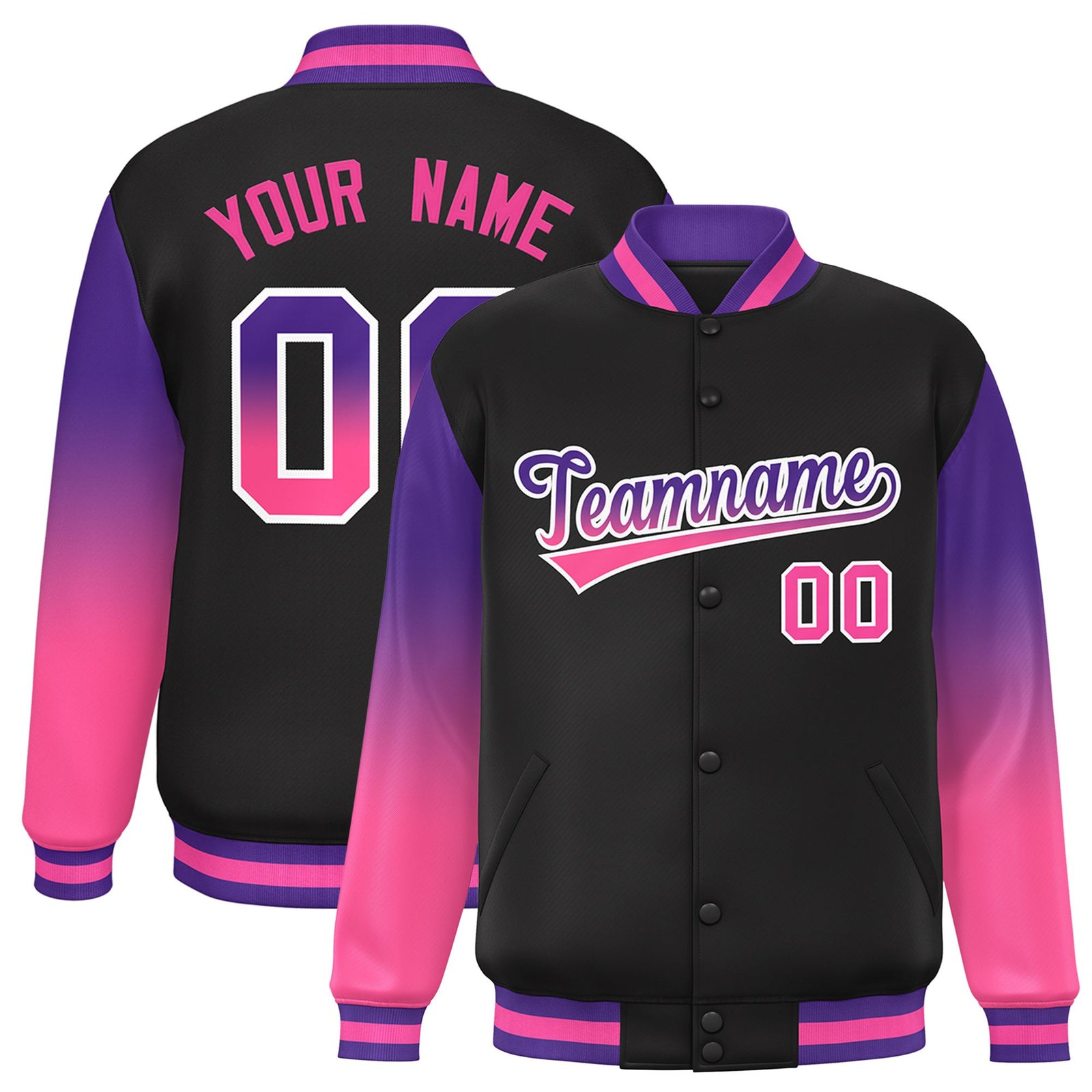 Custom Black Purple-Pink Varsity Full-Snap Sleeve Gradient Fashion Letterman Baseball Jacket