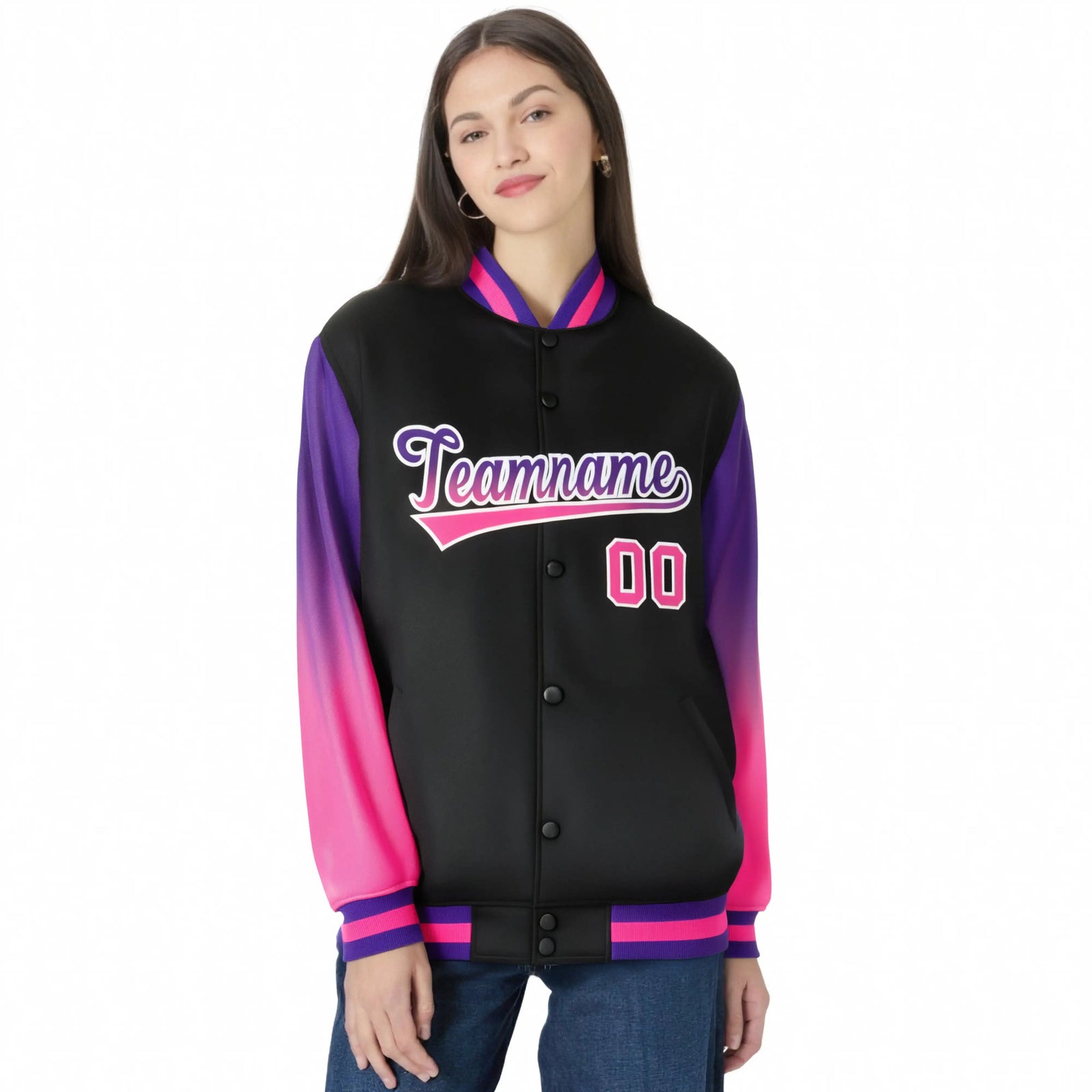 Custom Black Purple-Pink Varsity Full-Snap Sleeve Gradient Fashion Letterman Baseball Jacket