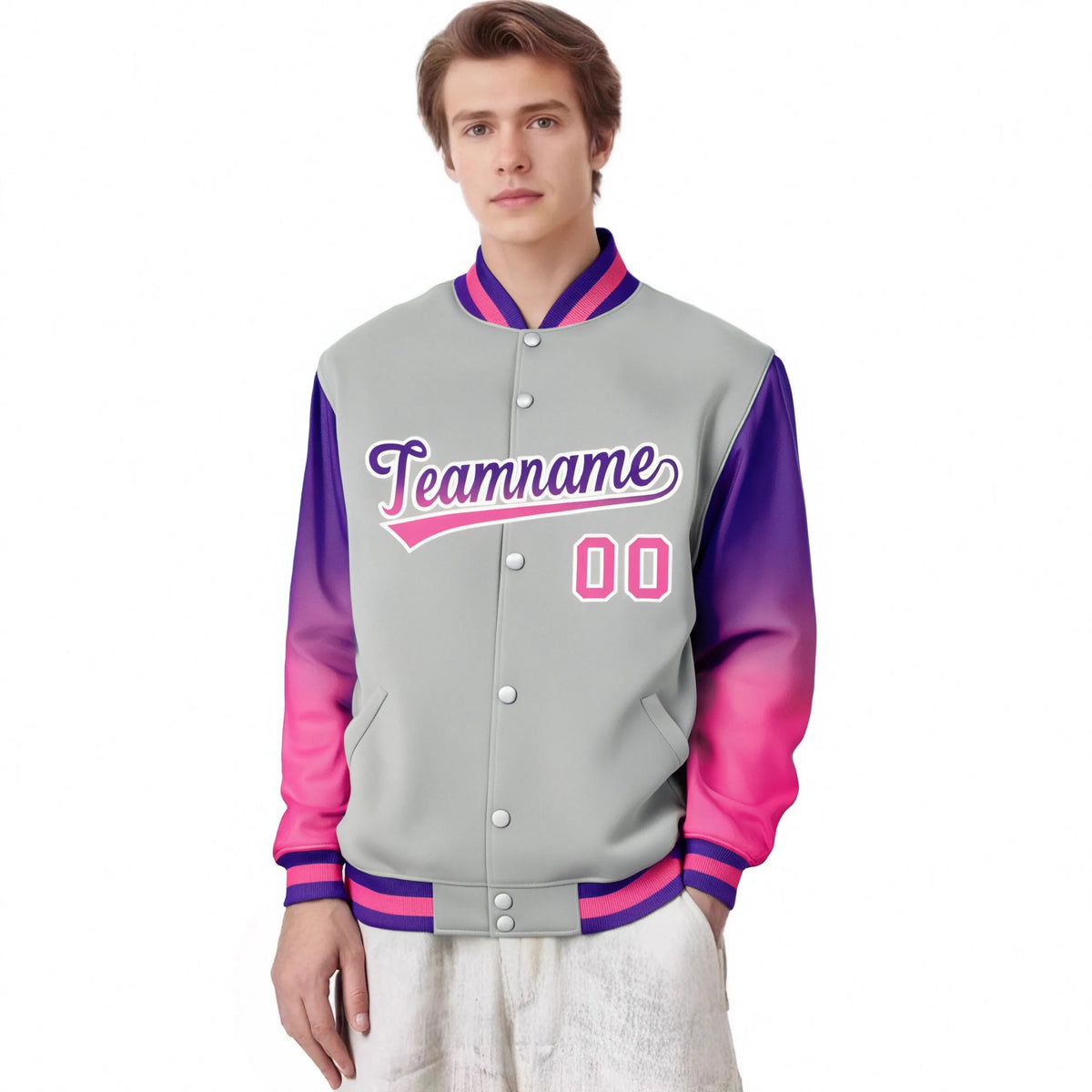 Custom Gray Purple-Pink Varsity Full-Snap Sleeve Gradient Fashion Letterman Baseball Jacket