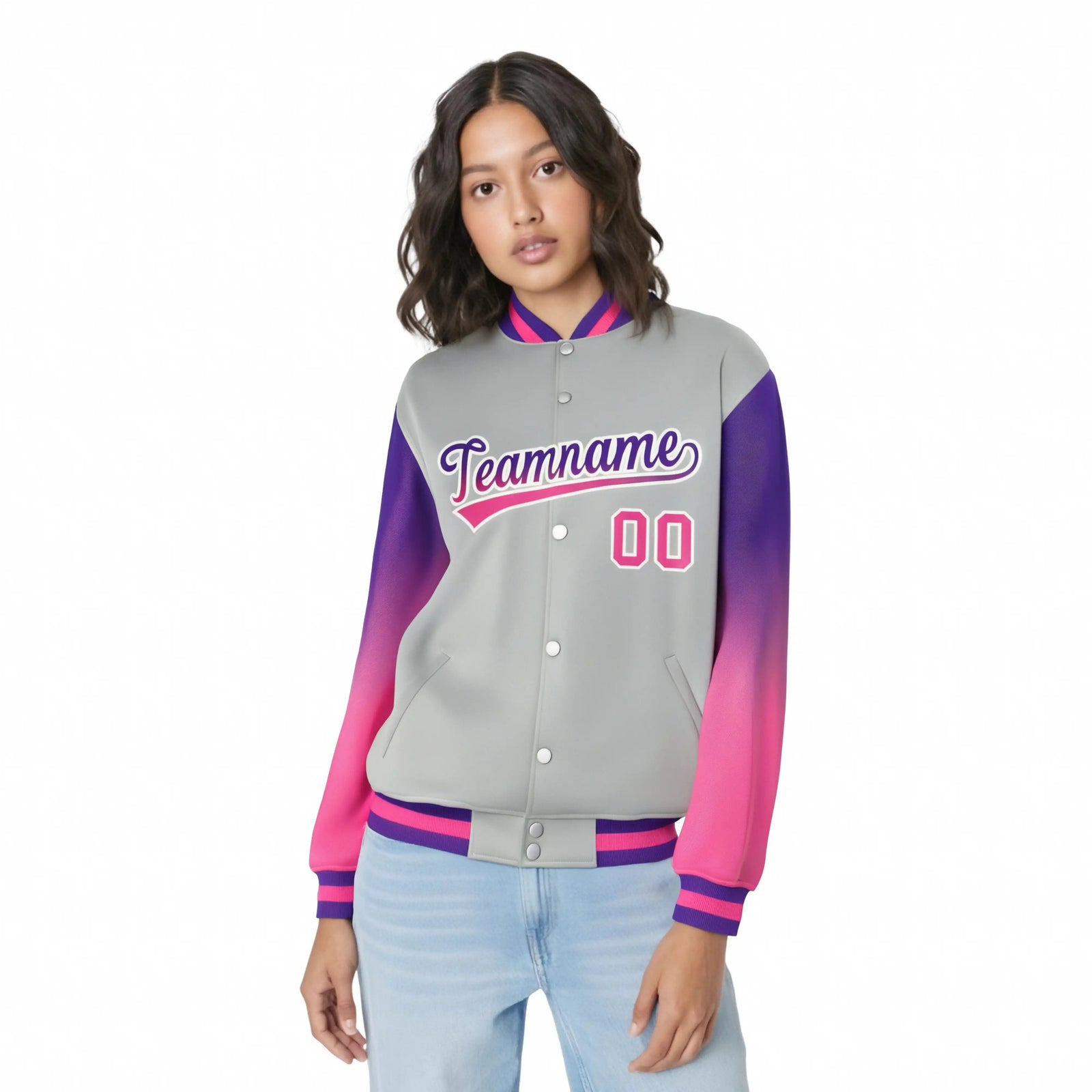 Custom Gray Purple-Pink Varsity Full-Snap Sleeve Gradient Fashion Letterman Baseball Jacket