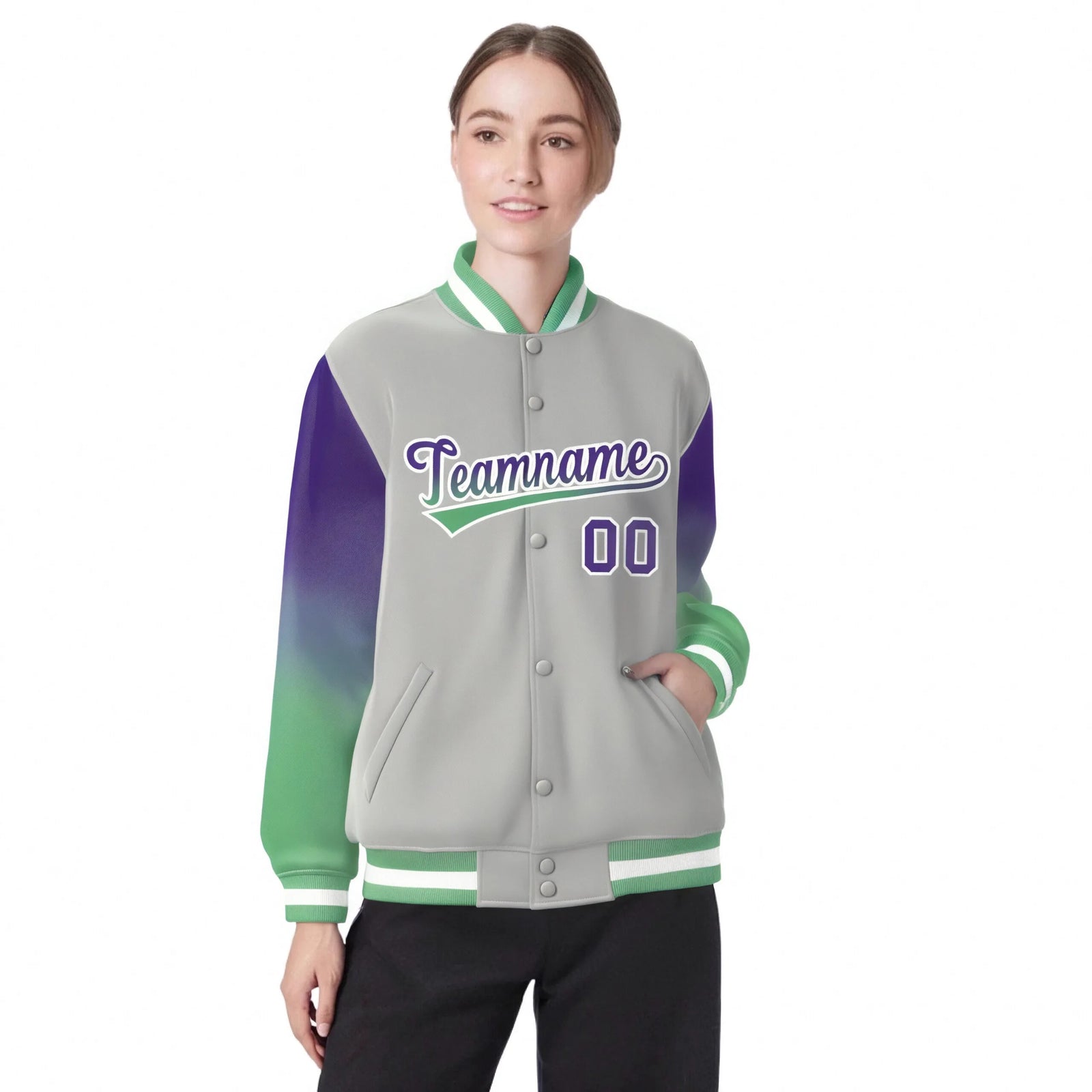Custom Gray Purple-Bright Green Varsity Full-Snap Sleeve Gradient Fashion Letterman Baseball Jacket
