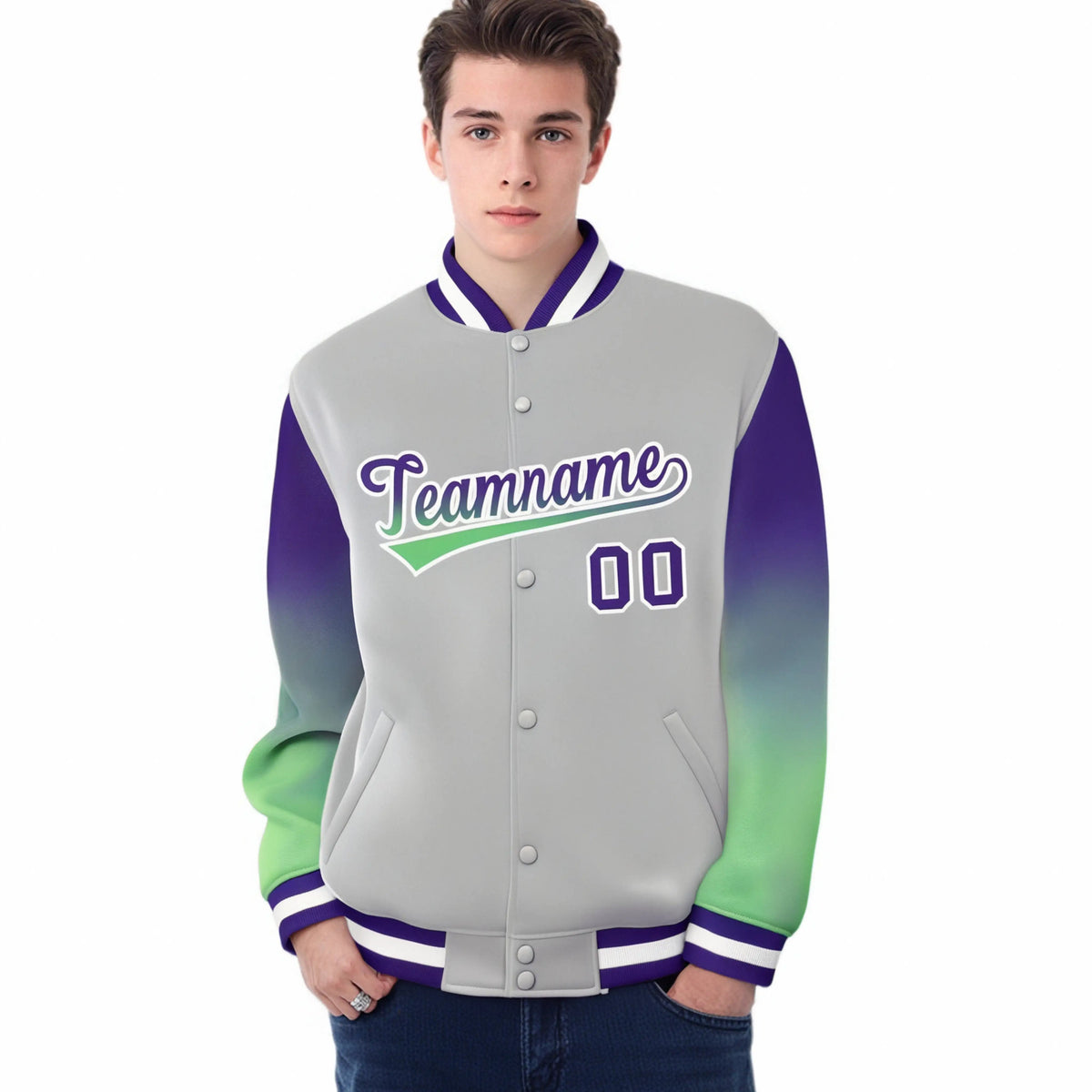 Custom Gray Purple-Bright Green Varsity Full-Snap Sleeve Gradient Fashion Letterman Baseball Jacket