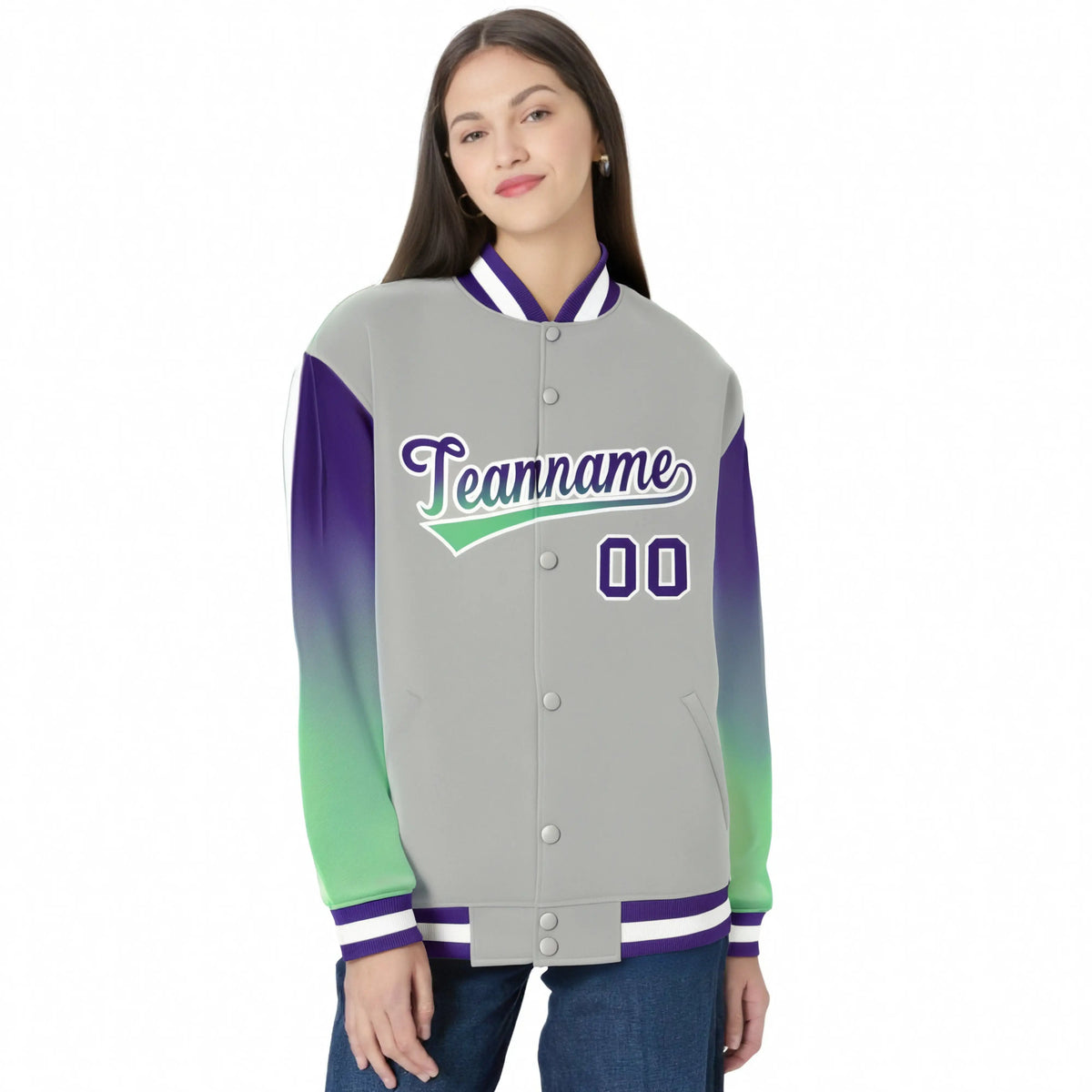 Custom Gray Purple-Bright Green Varsity Full-Snap Sleeve Gradient Fashion Letterman Baseball Jacket
