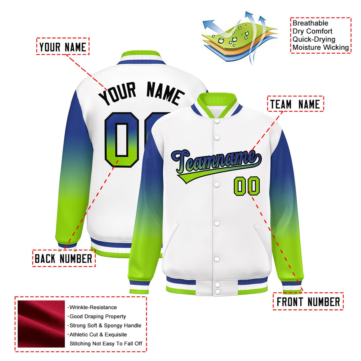 Custom White Royal Blue-Neon Green Varsity Full-Snap Sleeve Gradient Fashion Letterman Baseball Jacket