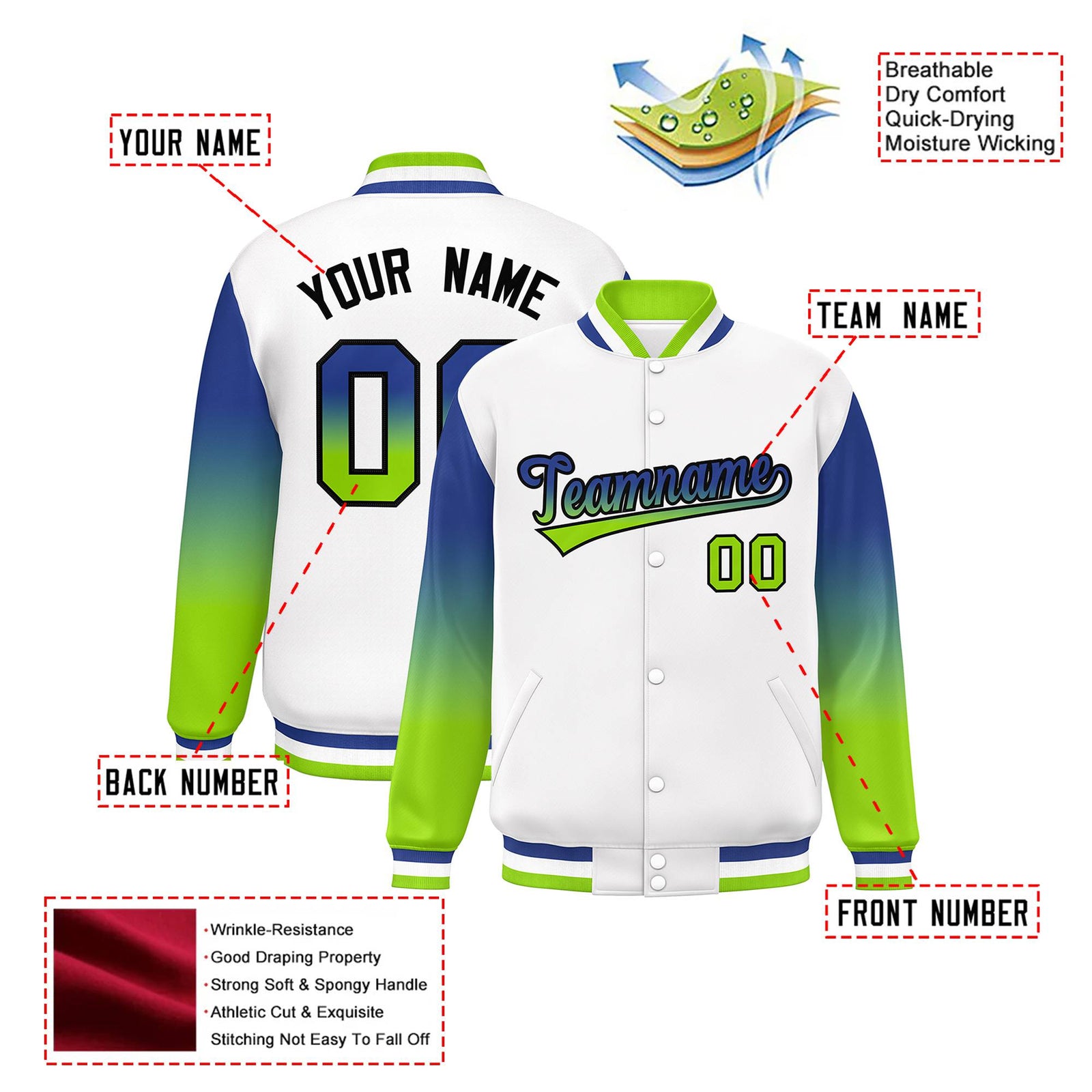 Custom White Royal Blue-Neon Green Varsity Full-Snap Sleeve Gradient Fashion Letterman Baseball Jacket
