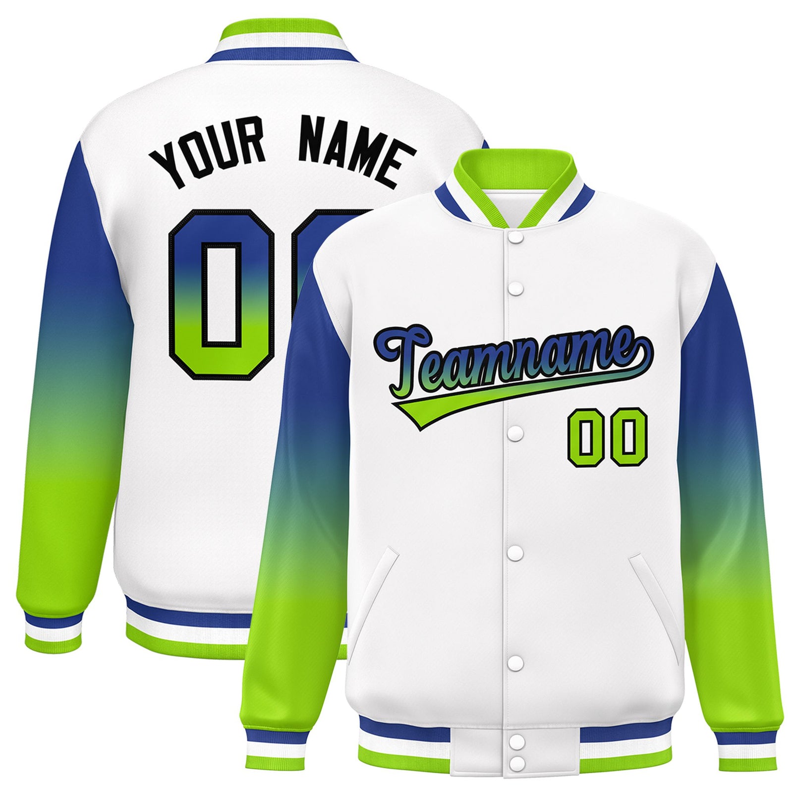 Custom White Royal Blue-Neon Green Varsity Full-Snap Sleeve Gradient Fashion Letterman Baseball Jacket