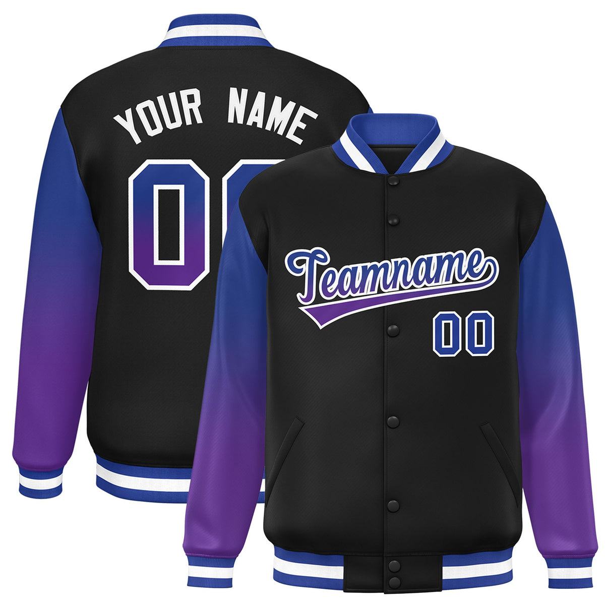 Custom Black Royal Blue-Purple Varsity Full-Snap Sleeve Gradient Fashion Letterman Baseball Jacket