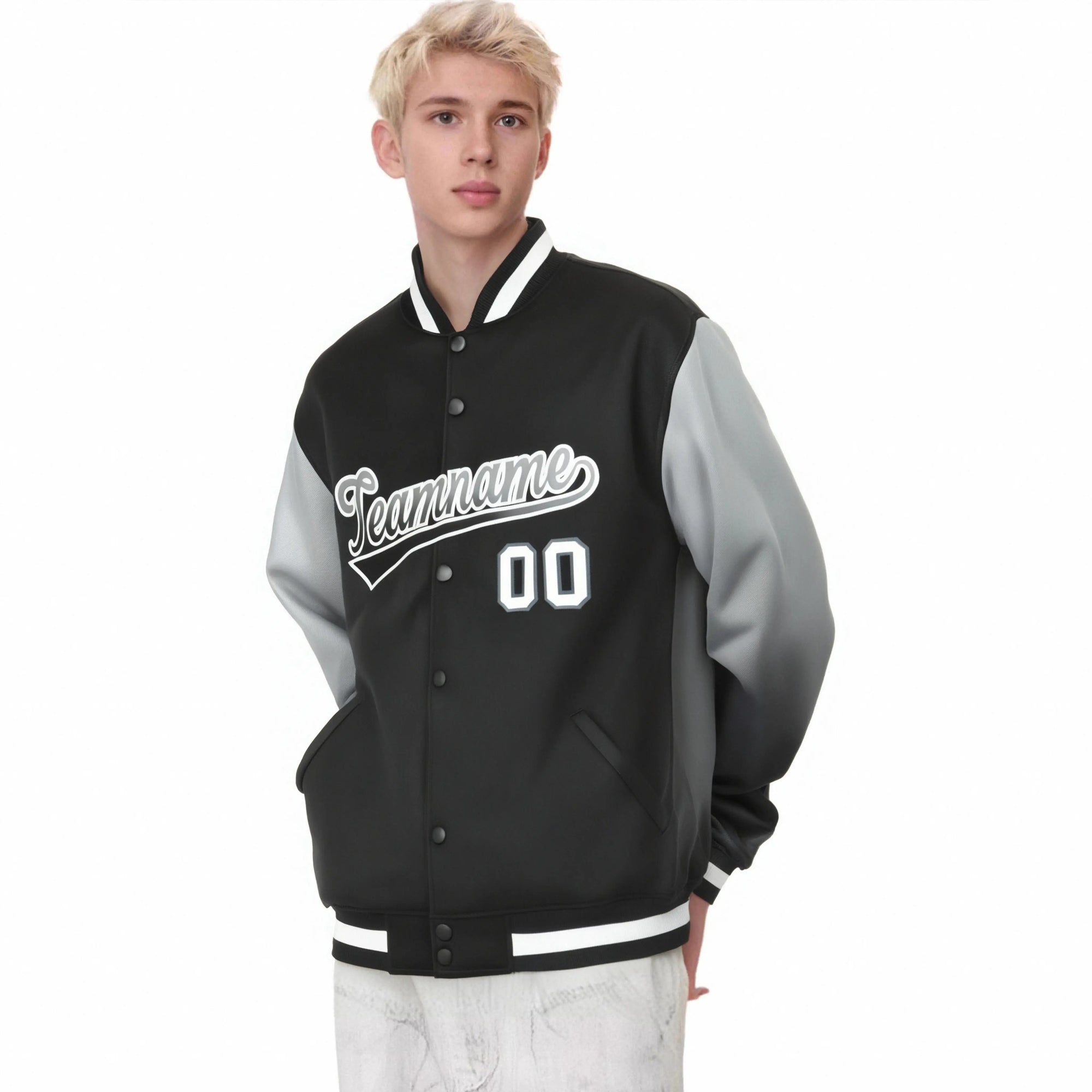 Custom Black Gray-Dark Gray Varsity Full-Snap Sleeve Gradient Fashion Letterman Baseball Jacket