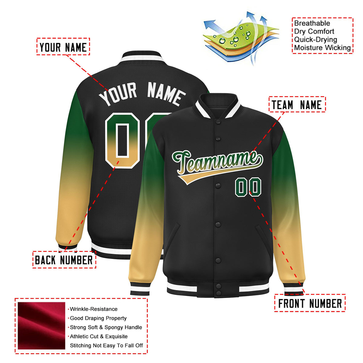 Custom Black Green-Khaki Varsity Full-Snap Sleeve Gradient Fashion Letterman Baseball Jacket
