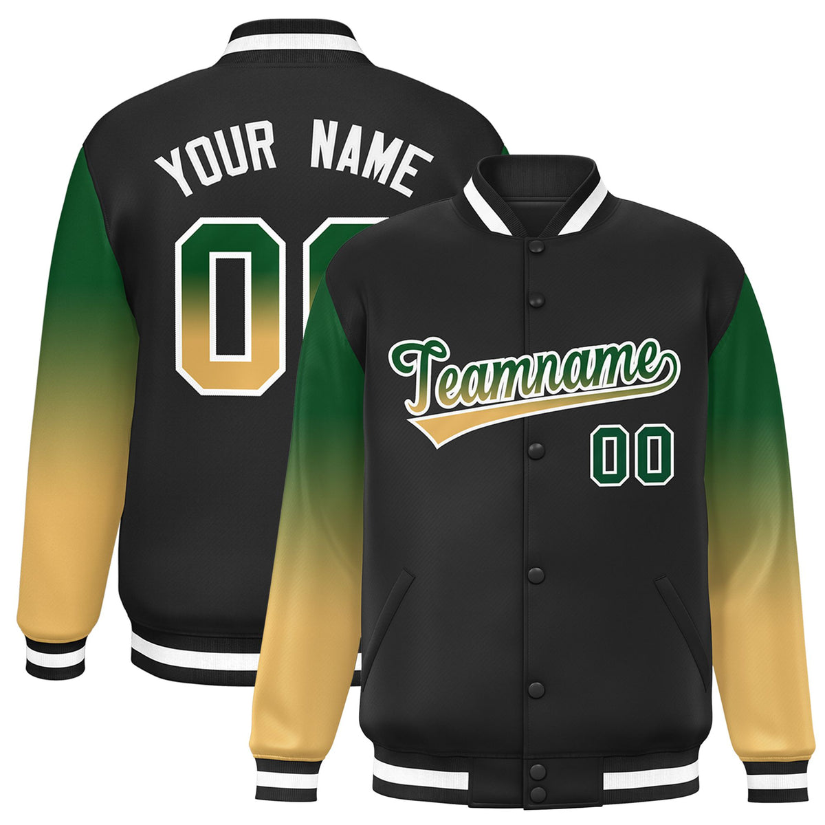 Custom Black Green-Khaki Varsity Full-Snap Sleeve Gradient Fashion Letterman Baseball Jacket