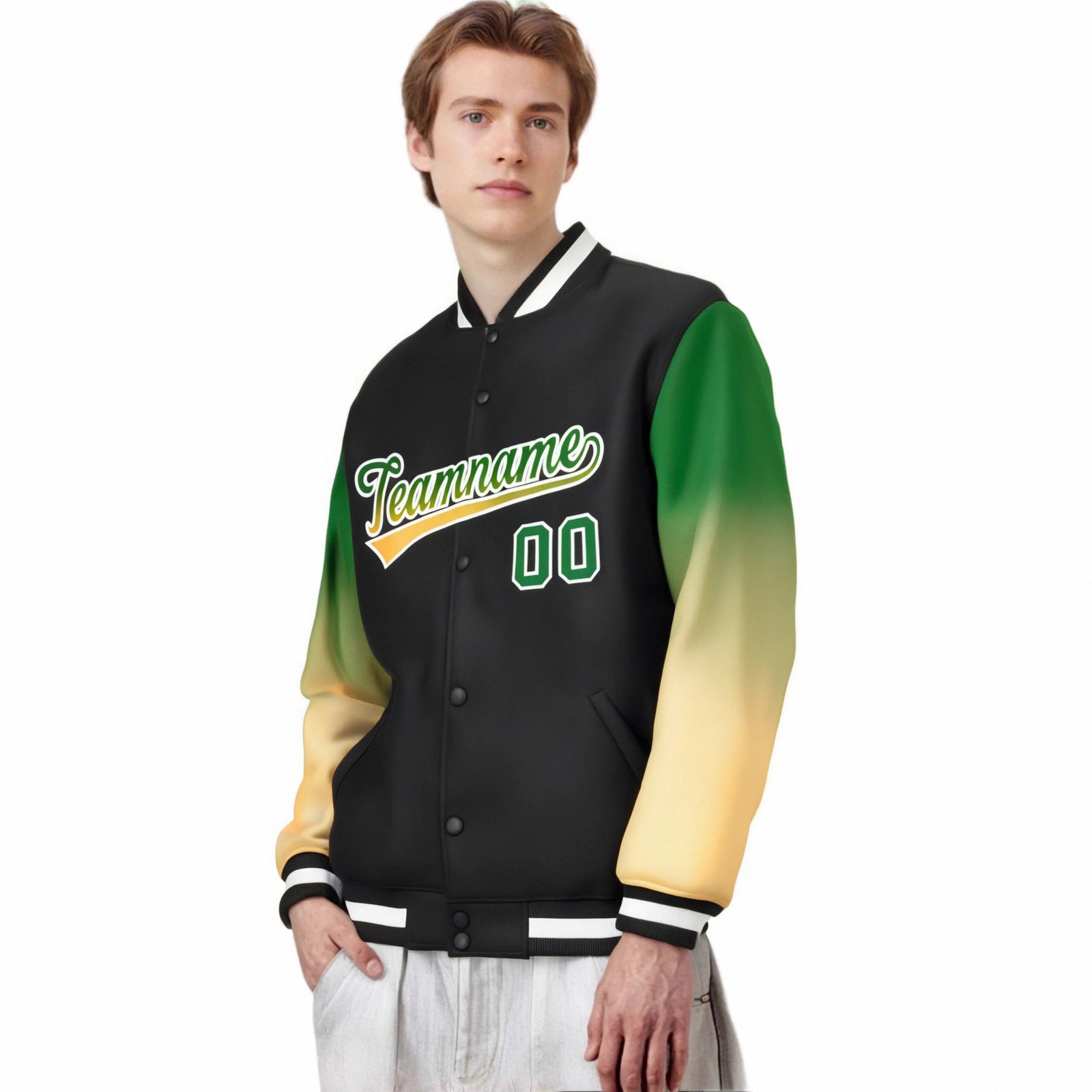 Custom Black Green-Khaki Varsity Full-Snap Sleeve Gradient Fashion Letterman Baseball Jacket