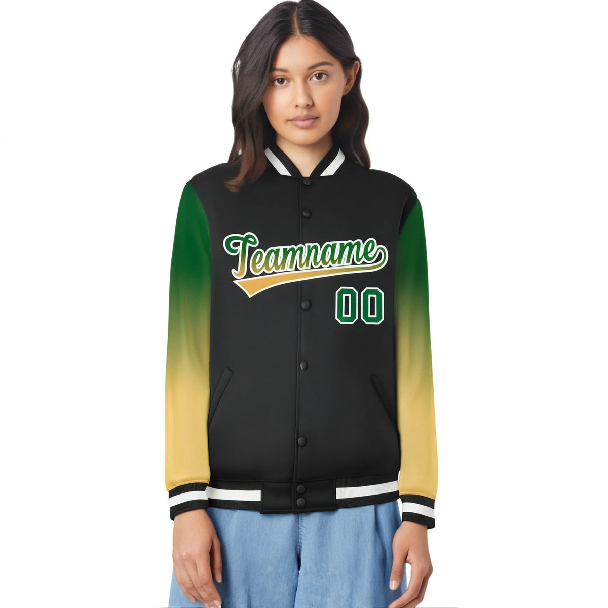 Custom Black Green-Khaki Varsity Full-Snap Sleeve Gradient Fashion Letterman Baseball Jacket