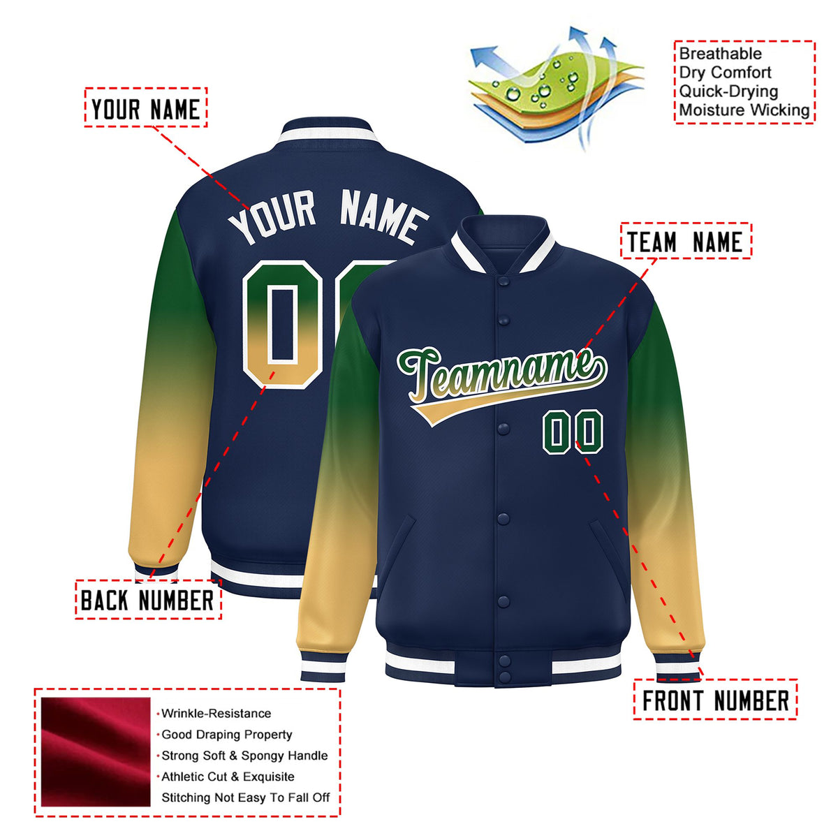 Custom Navy Green-Khaki Varsity Full-Snap Sleeve Gradient Fashion Letterman Baseball Jacket